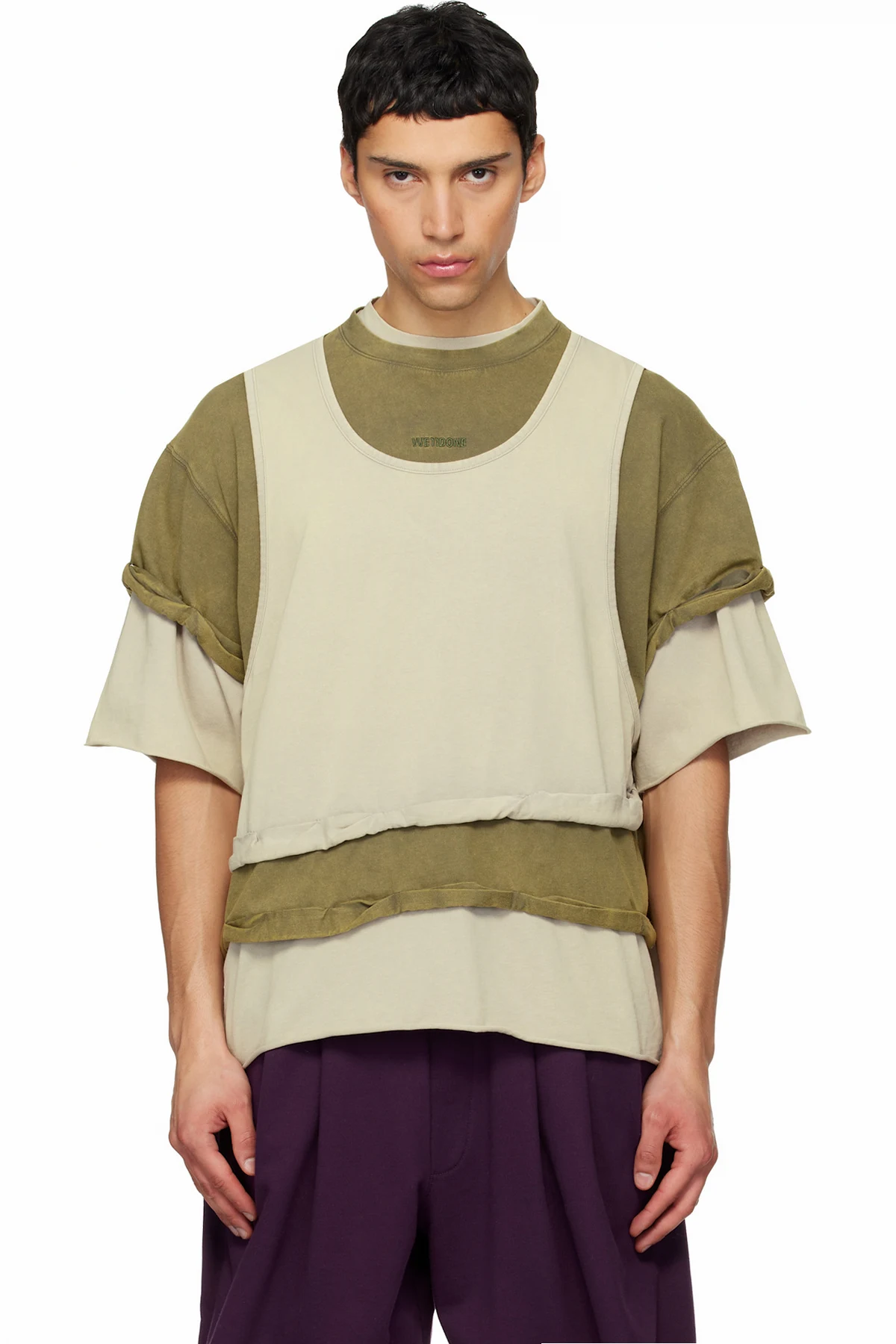 Off-White & Green Triple Layered Washed T-shirt