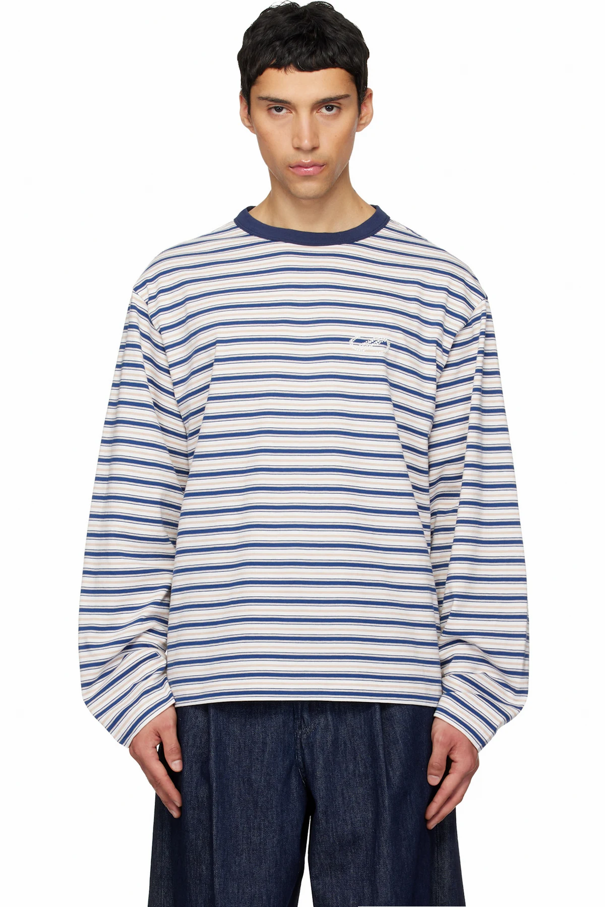 White & Blue We11done Stripe Long-Sleeve T-shirt