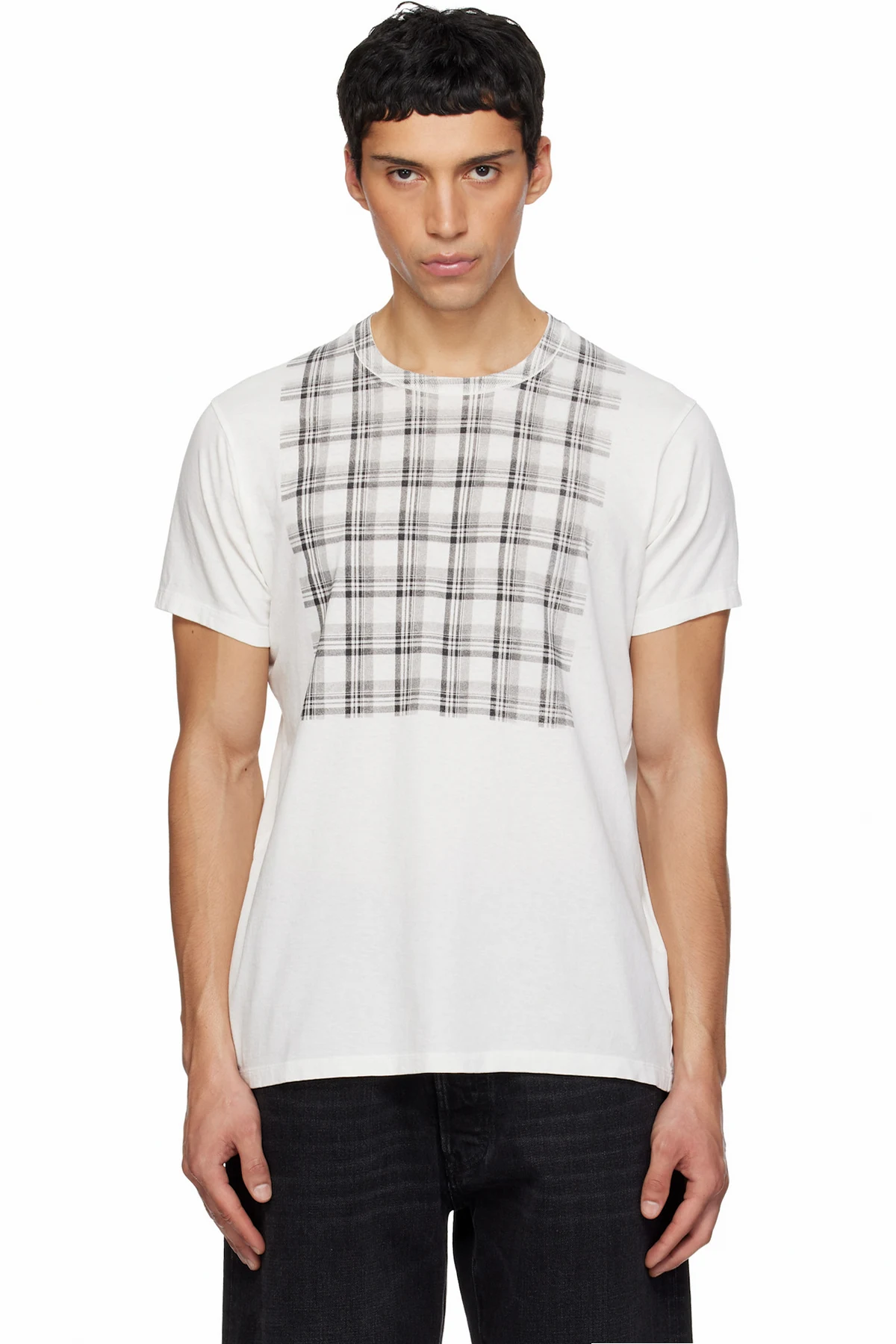 White Check Panel Cotton T-shirt