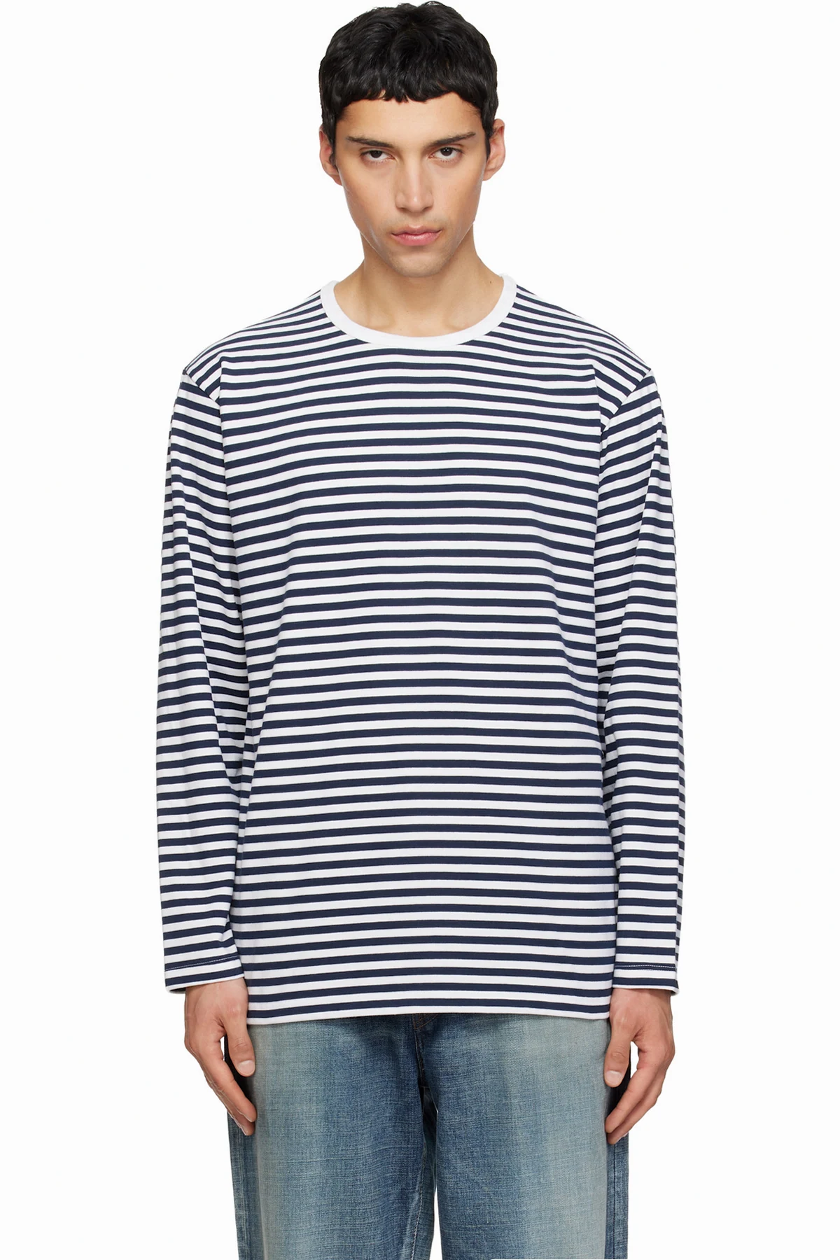Navy & White COOLMAX Stripe Jersey L/S T-shirt