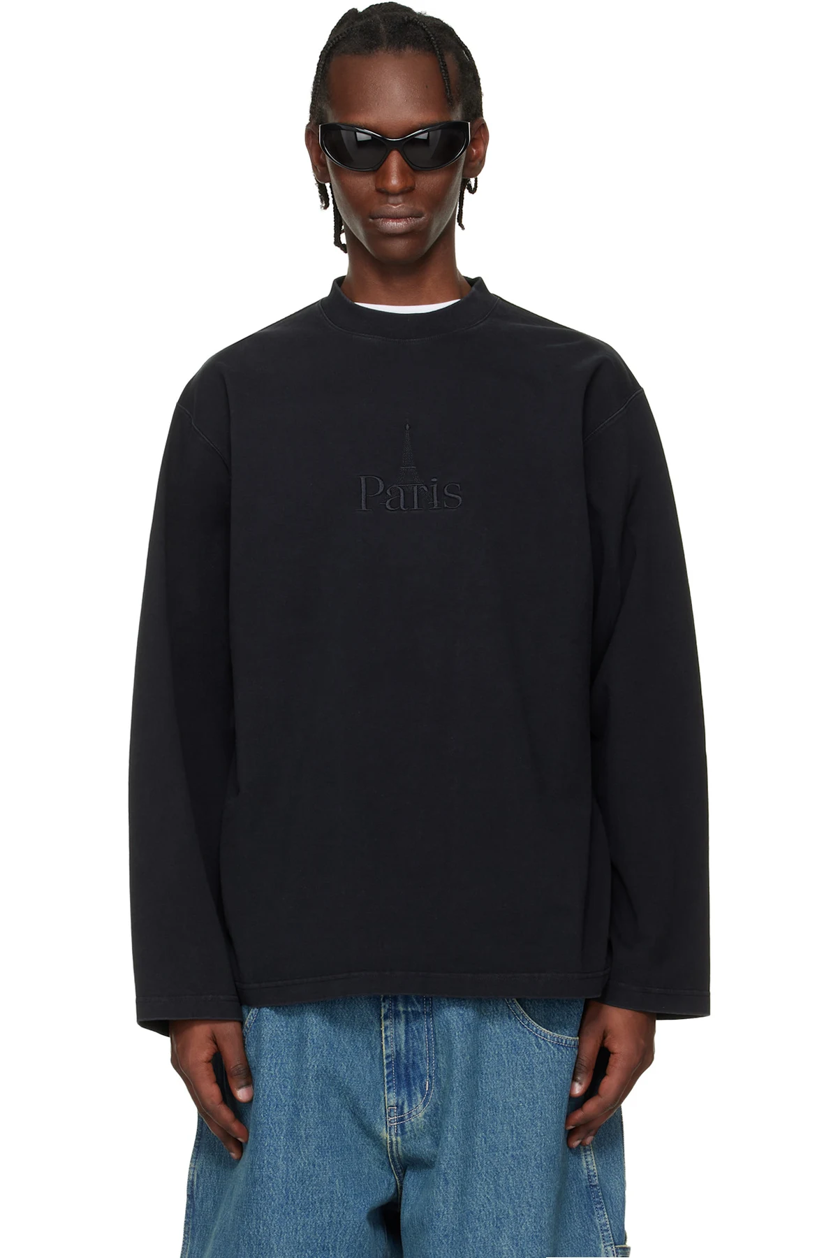 Black 'Paris' Embroidered Longsleeve T-shirt