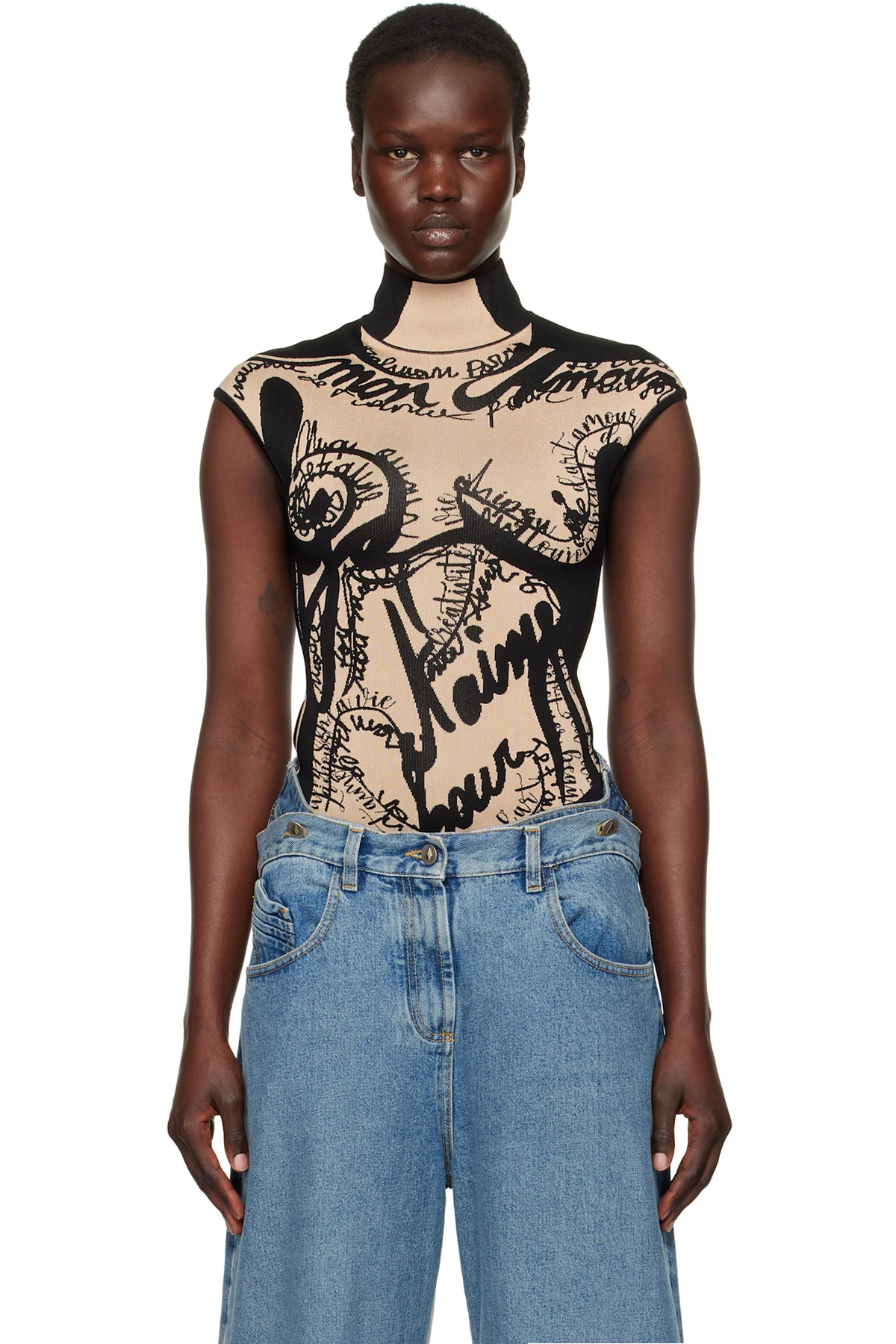 Black & Beige Jacquard Knit Torso Motif Bodysuit