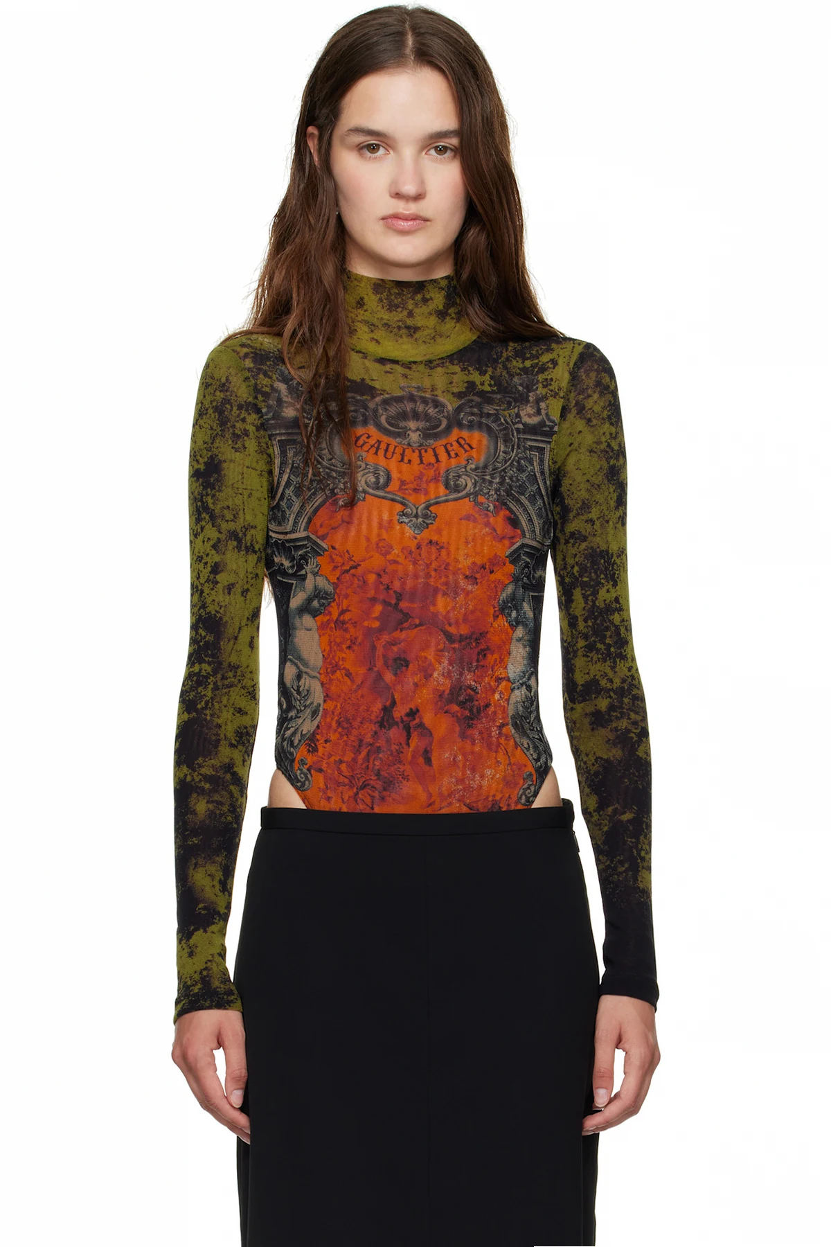 Khaki & Orange 'The Médaillon' Open Back Bodysuit