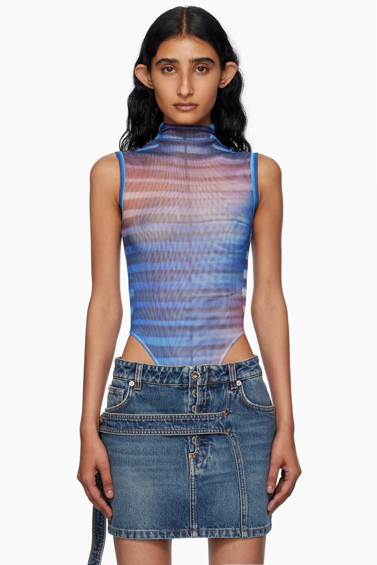 Blue & Pink High Neck Printed Air Bodysuit