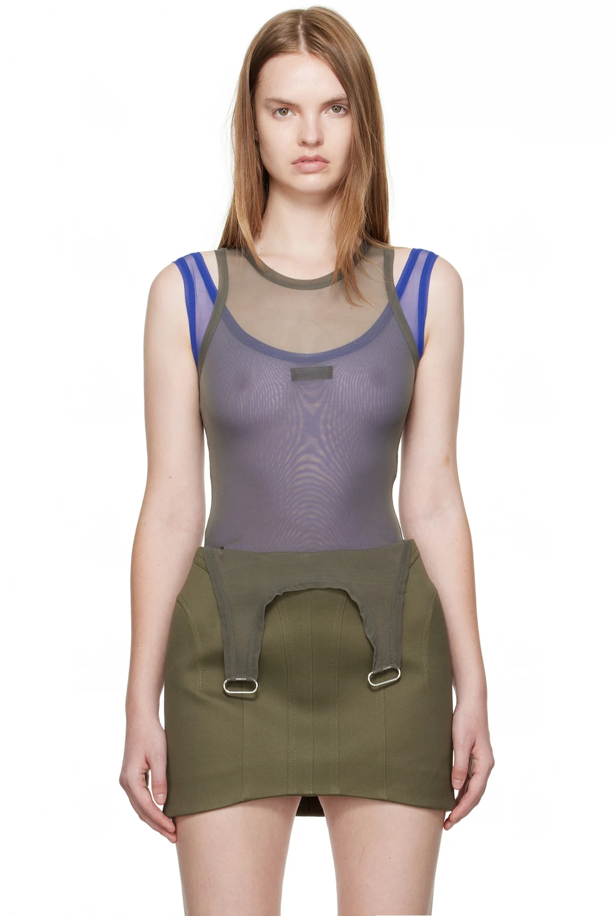 Khaki & Blue Mesh Love Tank Bodysuit
