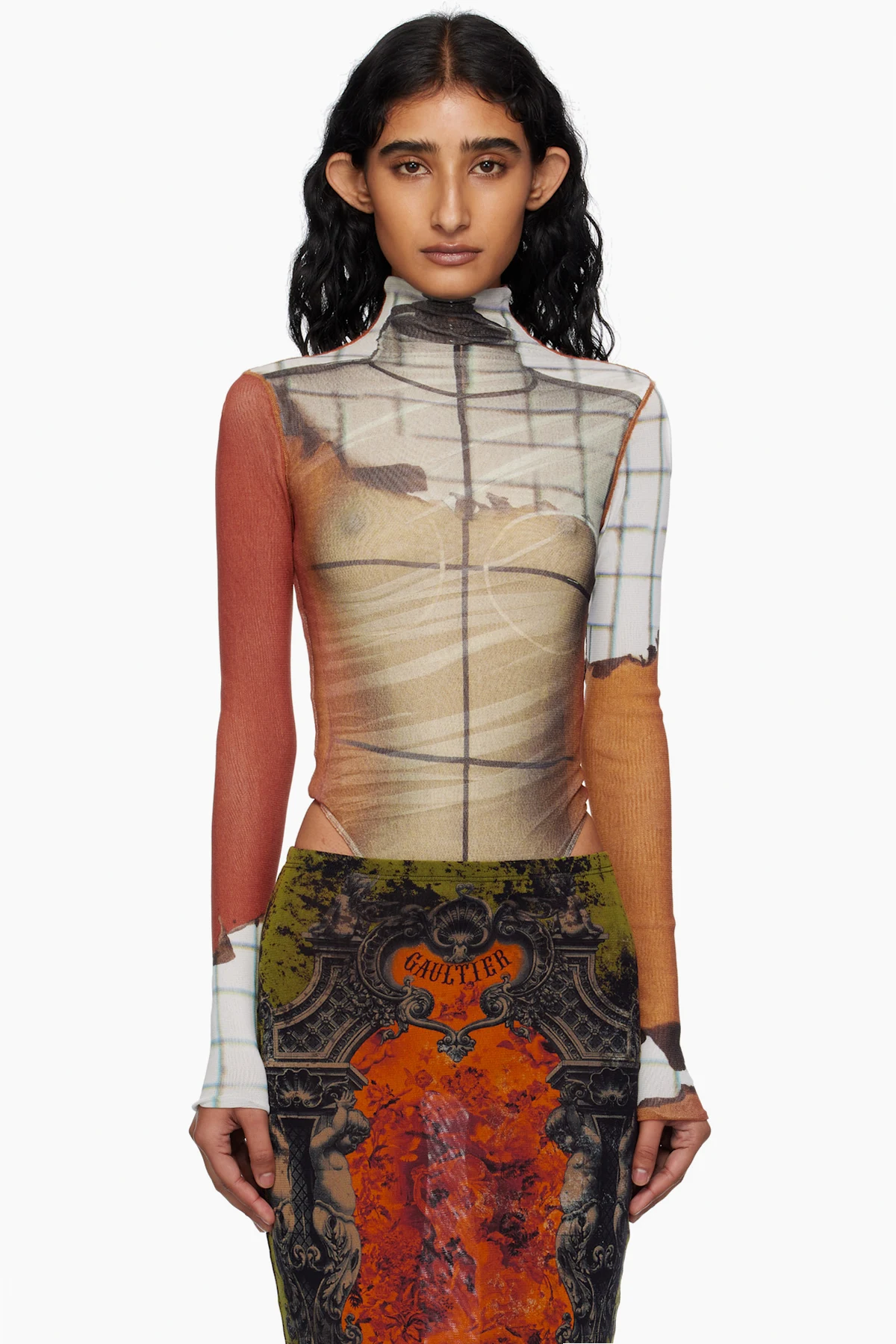 Orange & White Long Sleeves Twisted Printed Fire Bodysuit