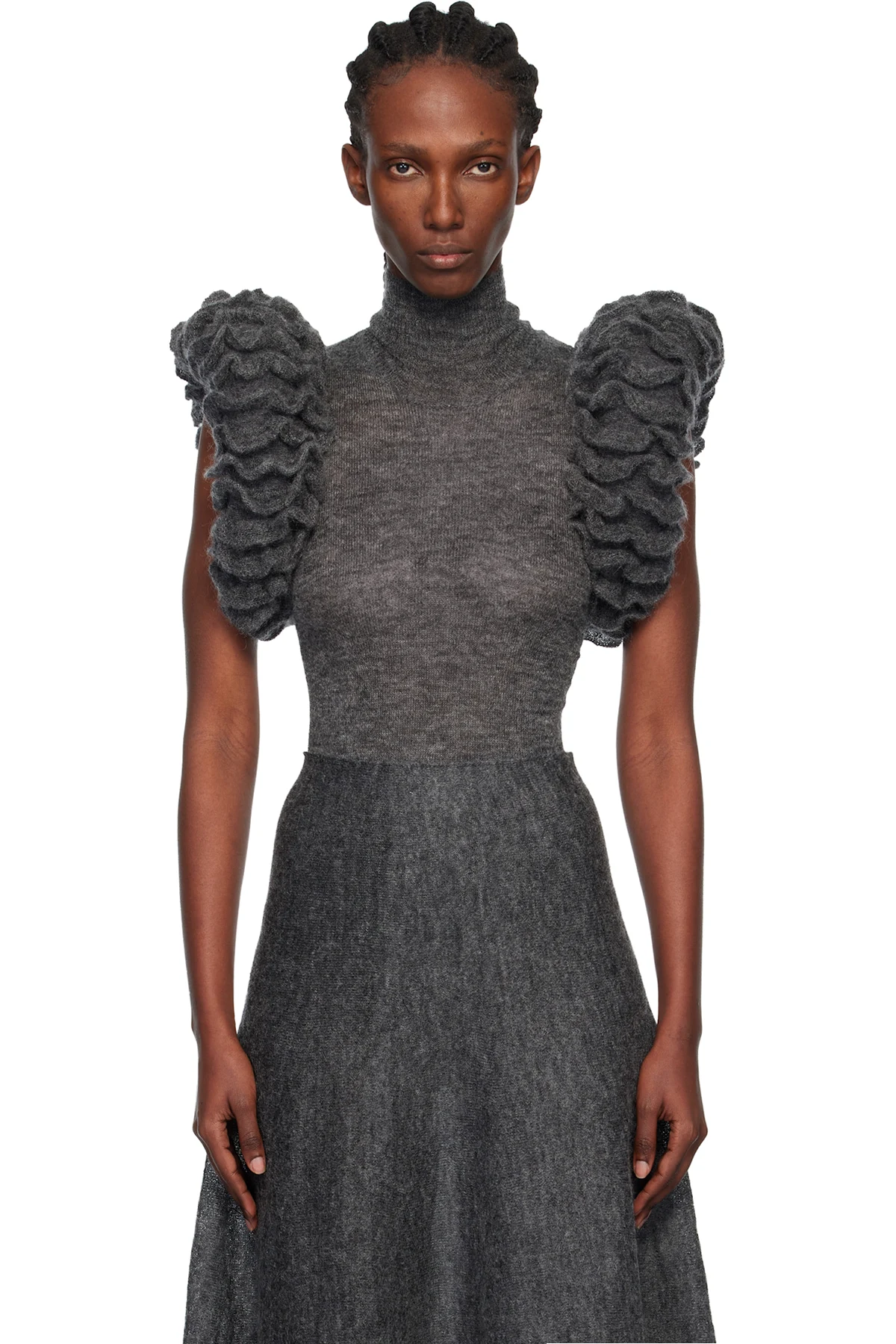 Gray Mohair Knit Sculptural Ruffle Bodysuit