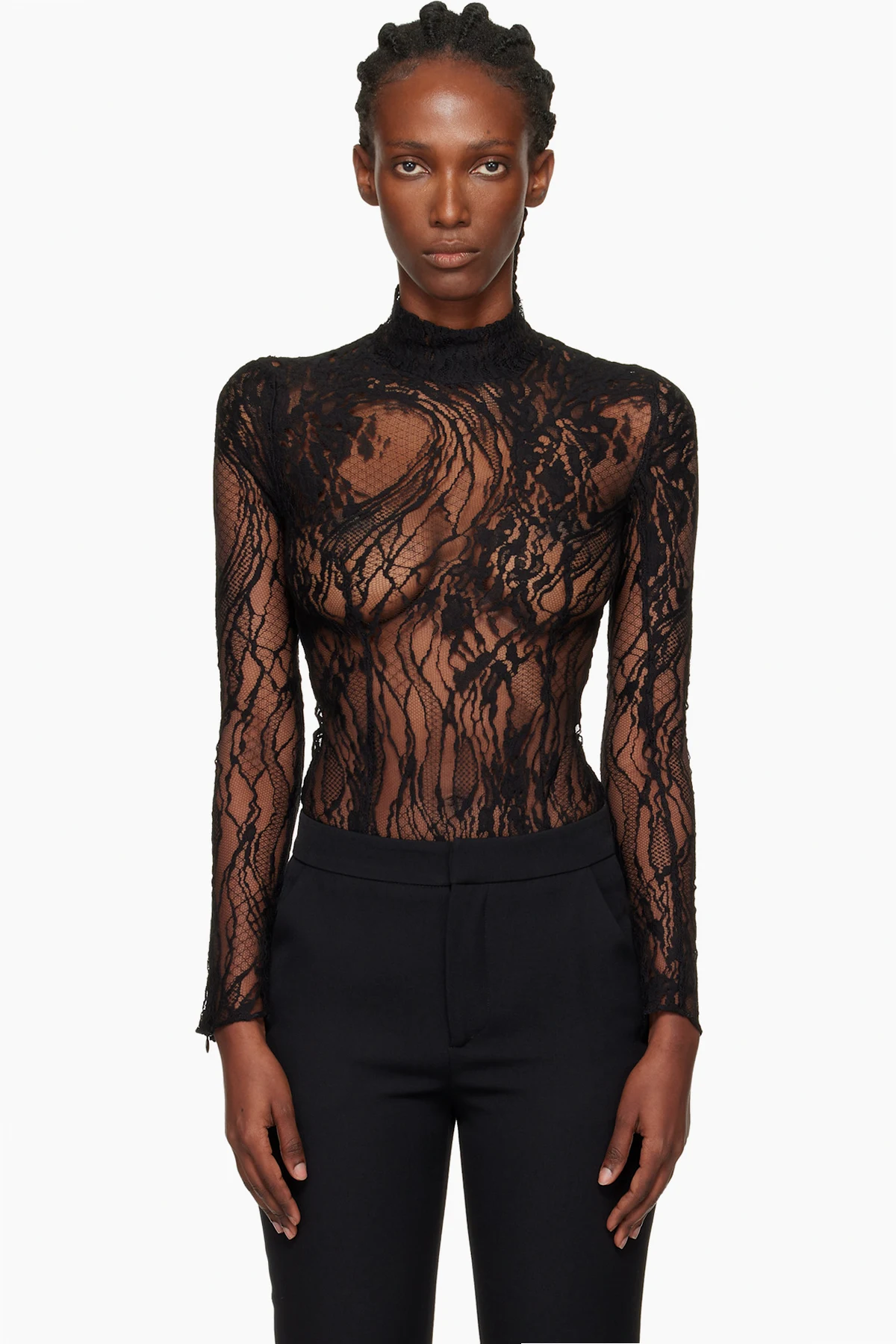 Black Long-Sleeved Lace Bodysuit