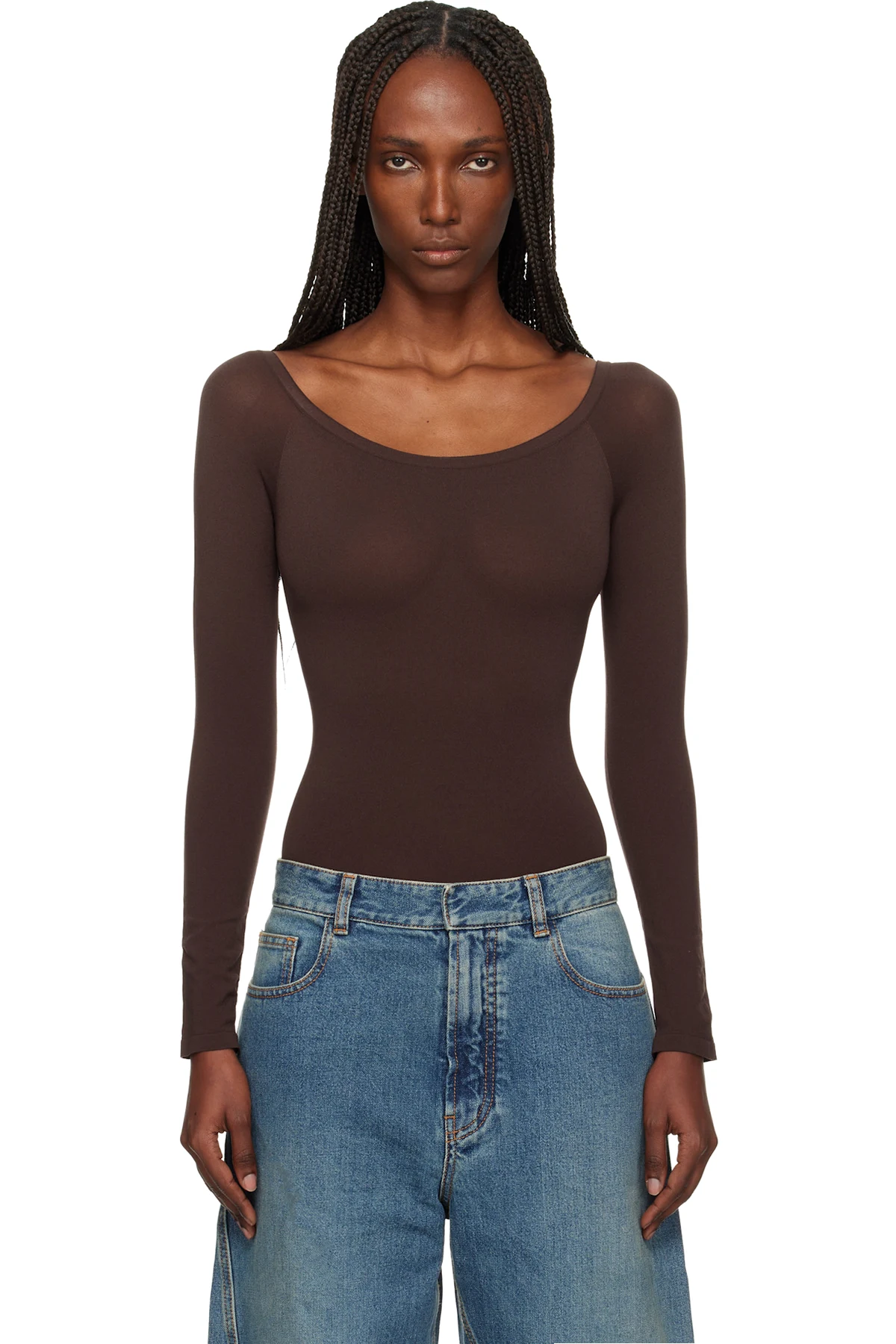 Brown Second Skin Knit Off-Shoulder Bodysuit