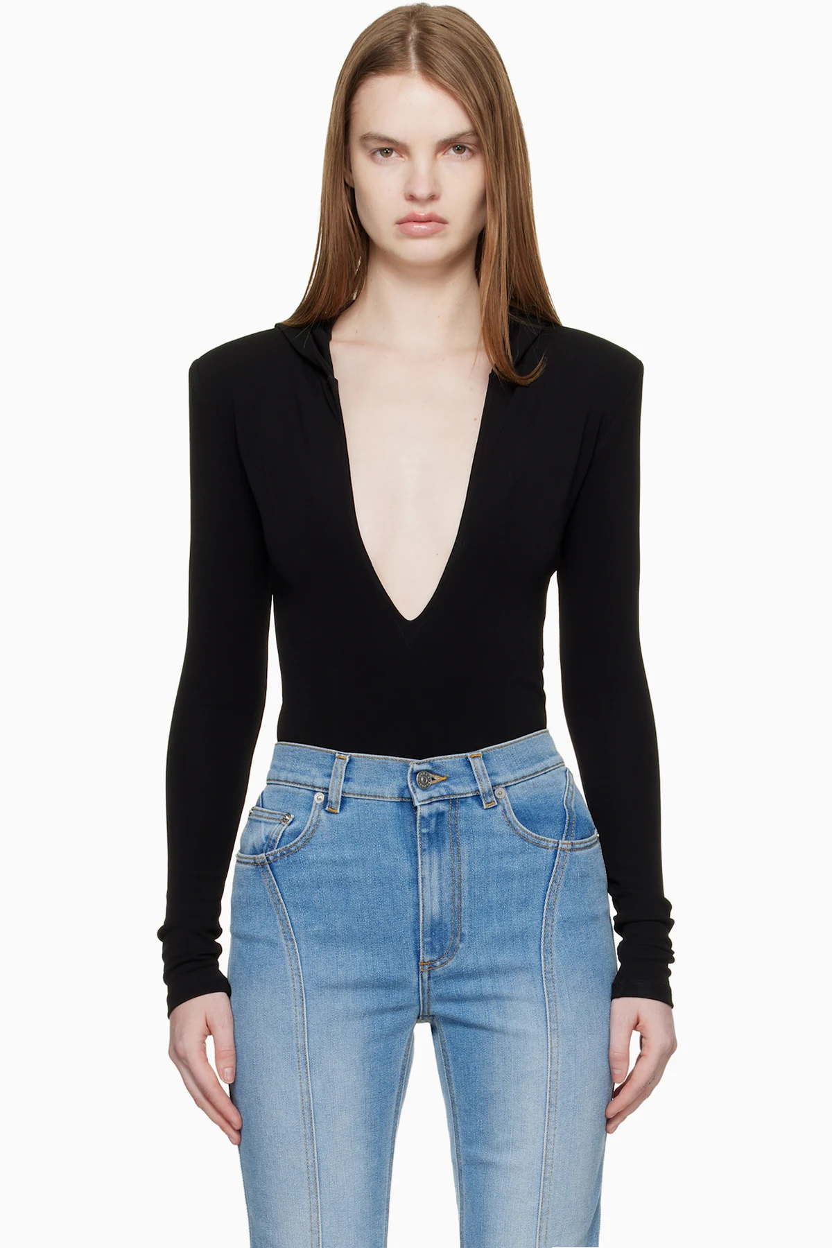 Black Hooded V-Neck Bodysuit