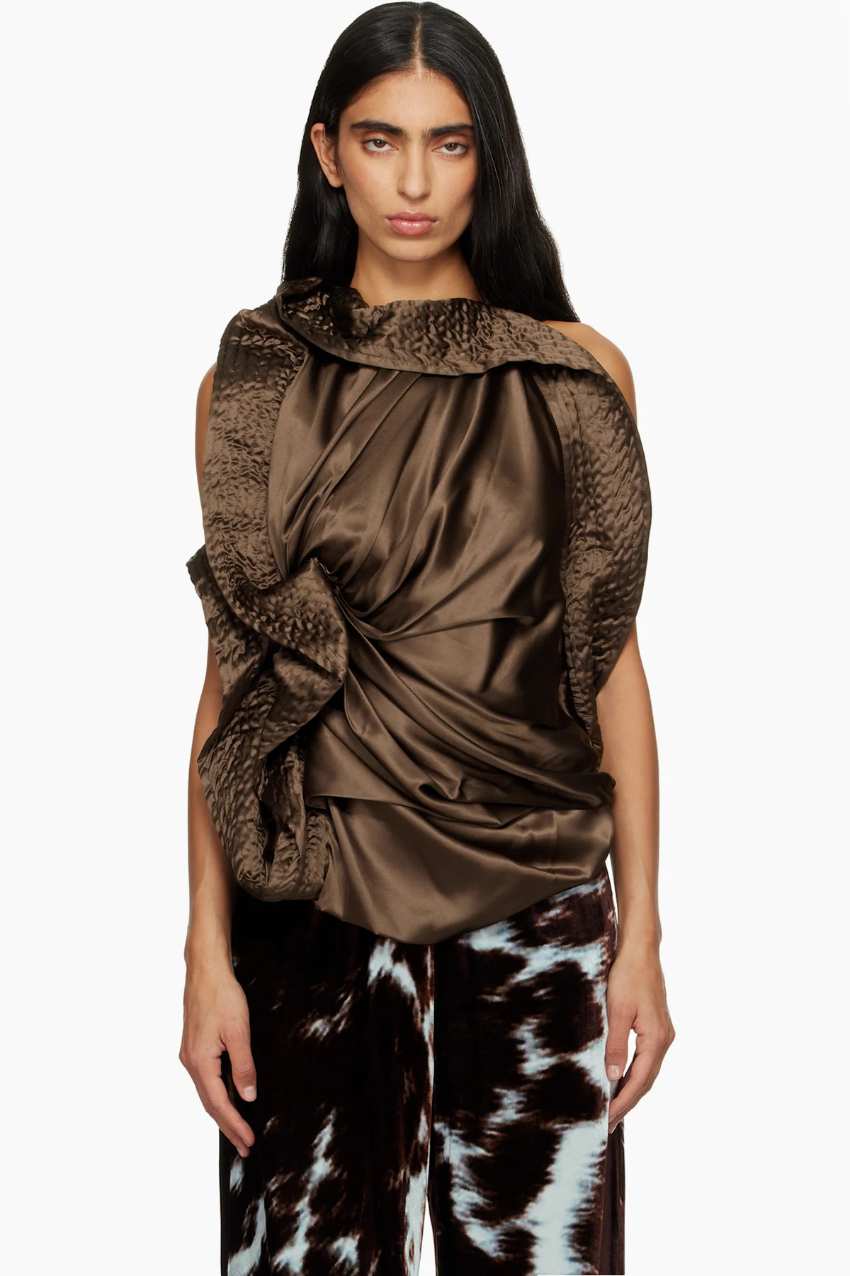 Brown Draped Silk Blouse