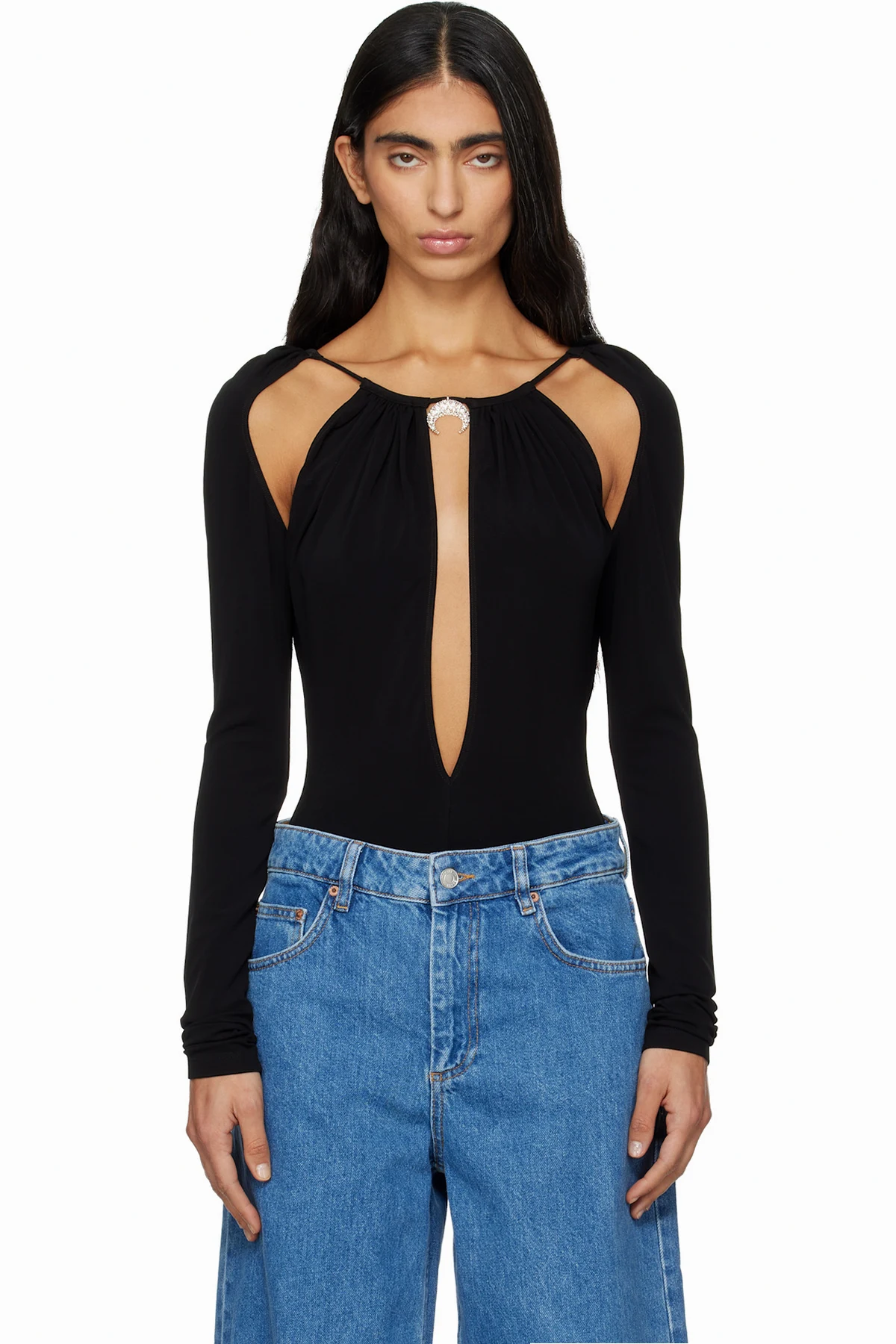 Black Draped Jersey Ls Crewneck Bodysuit