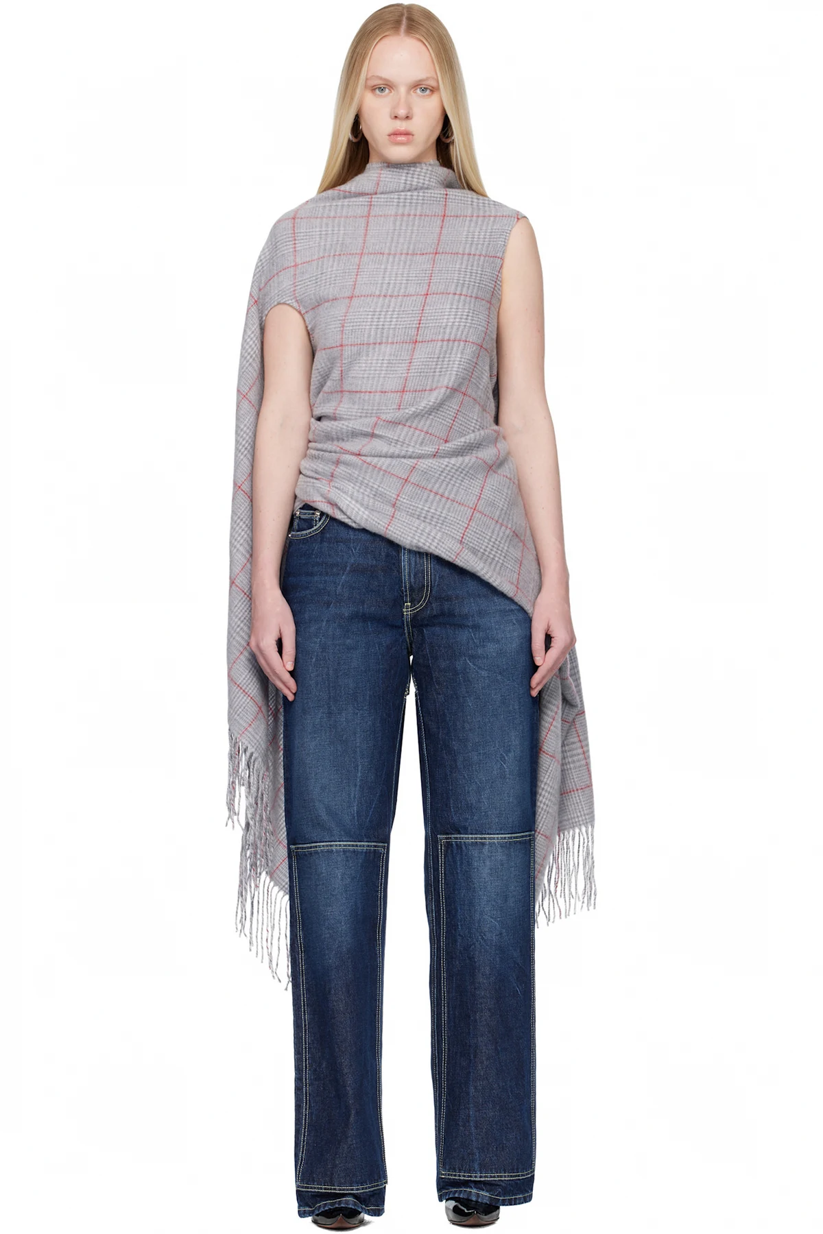 Gray Back Closure Scarf Draped Blouse