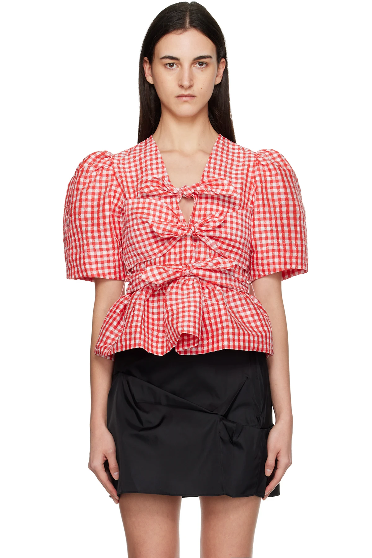 Red Crinkled Check Taffeta Blouse