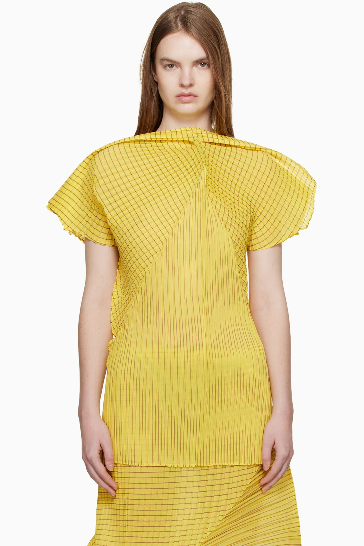 Yellow Generic Stripes Machine Pleats Blouse