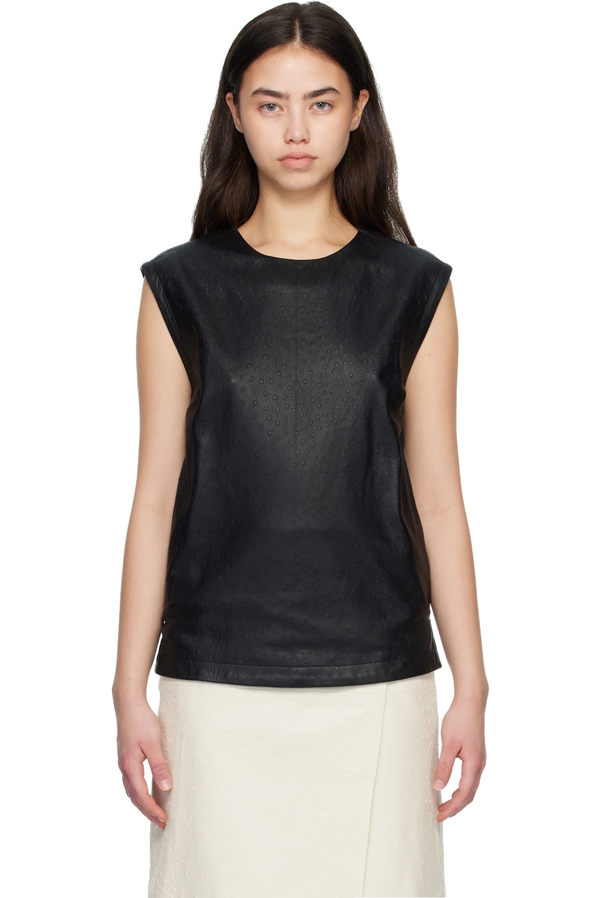 Black FIZA Ostrich-Effect Leather Blouse