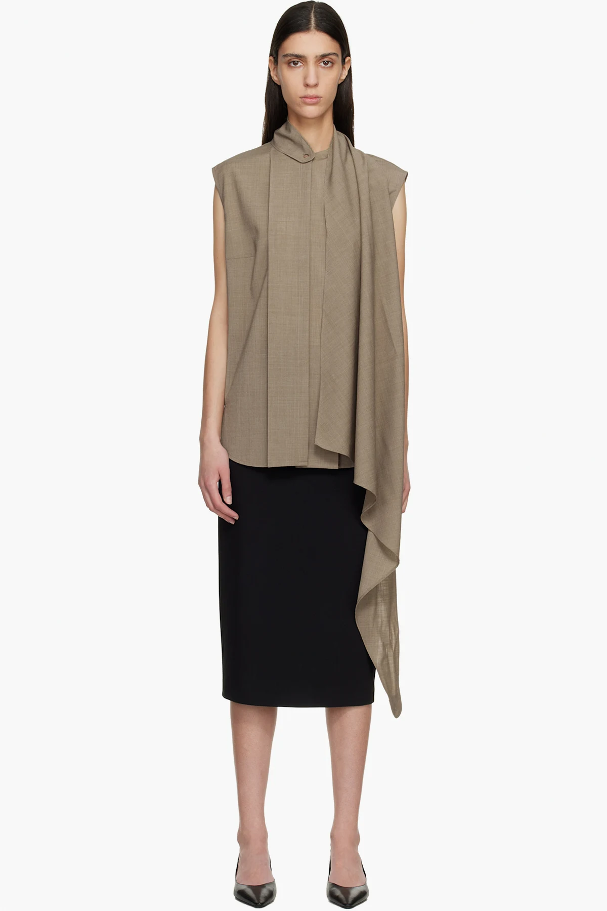 Brown Cape Sleeveless Blouse