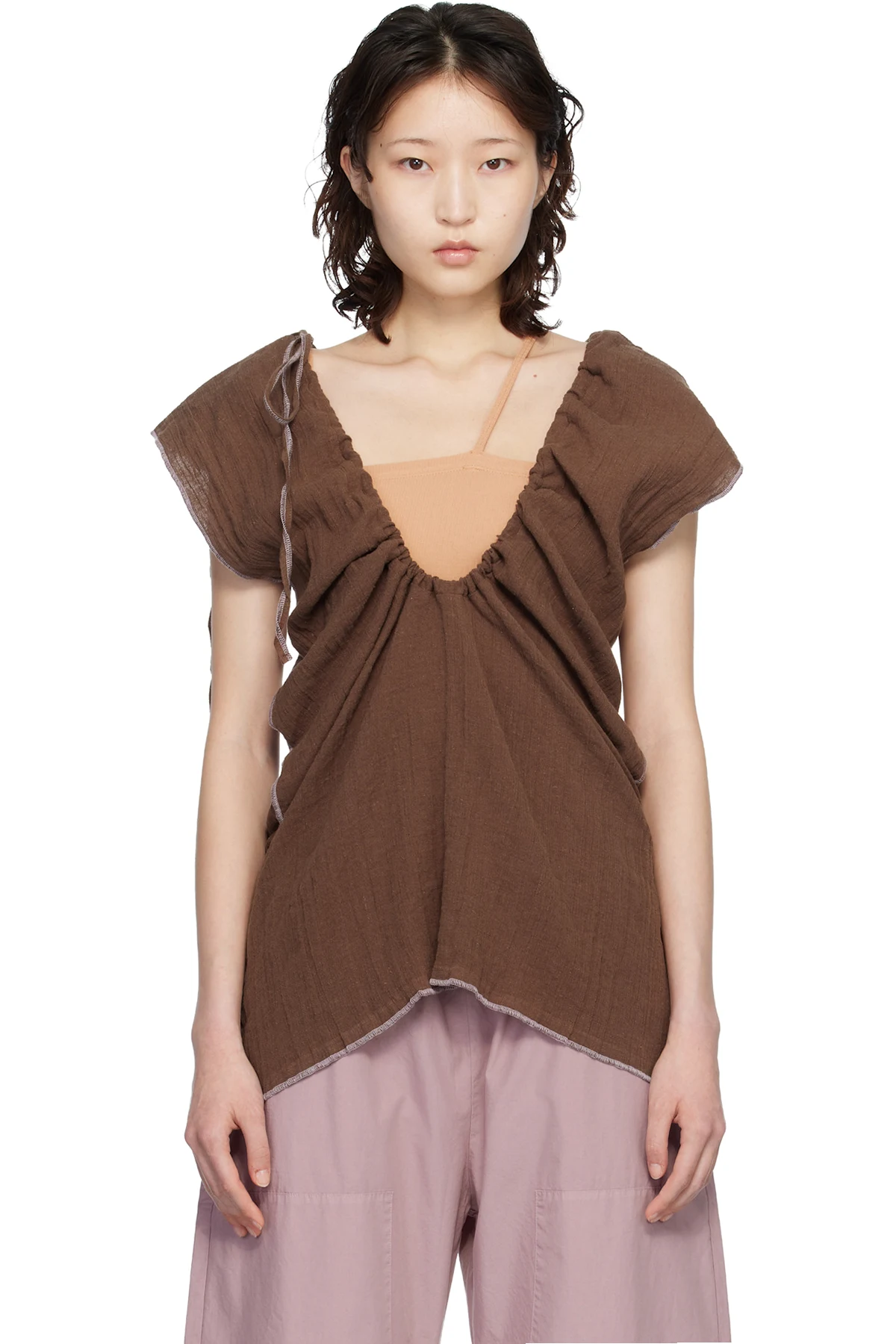 Brown Crinkle Linen Max Blouse