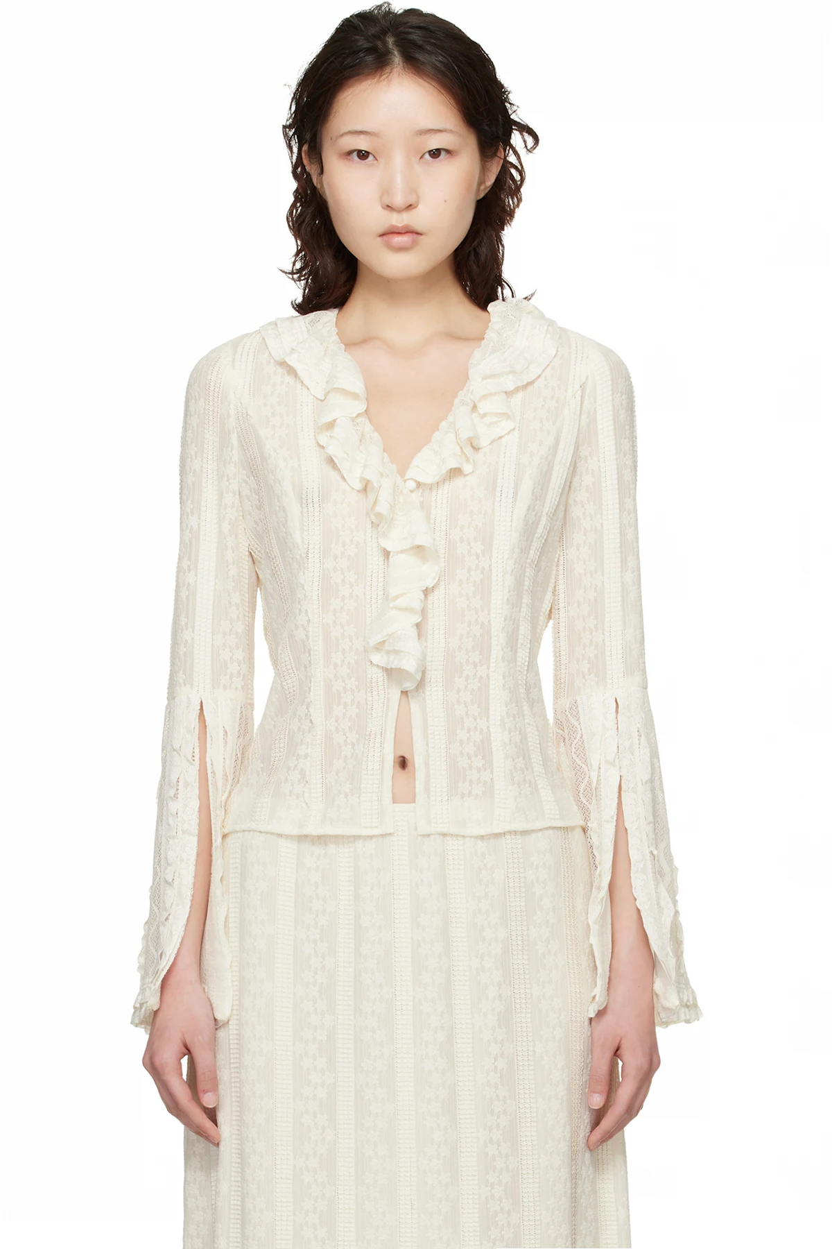 Off-White Floral Ruffle Stretch Lace Blouse