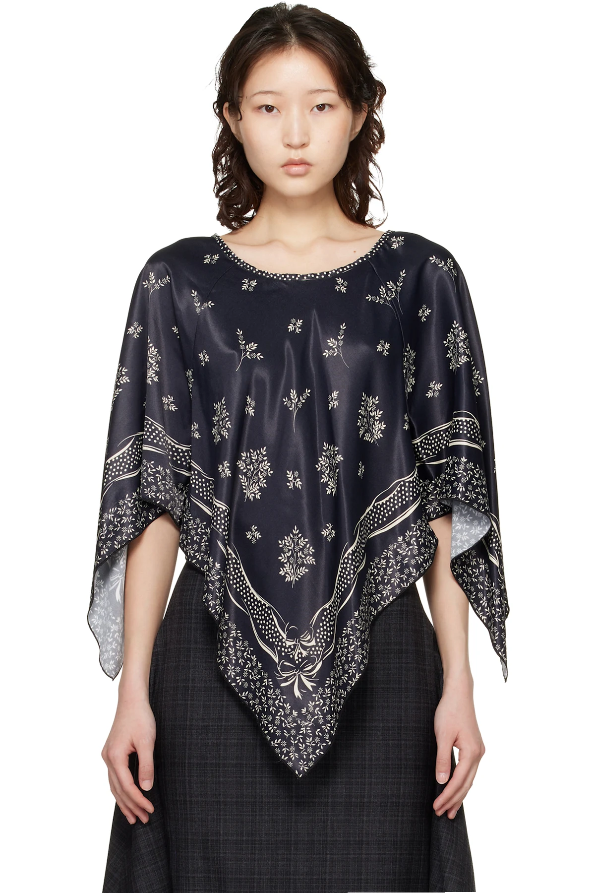 Black Ribbon Handkerchief Satin Print Poncho Blouse