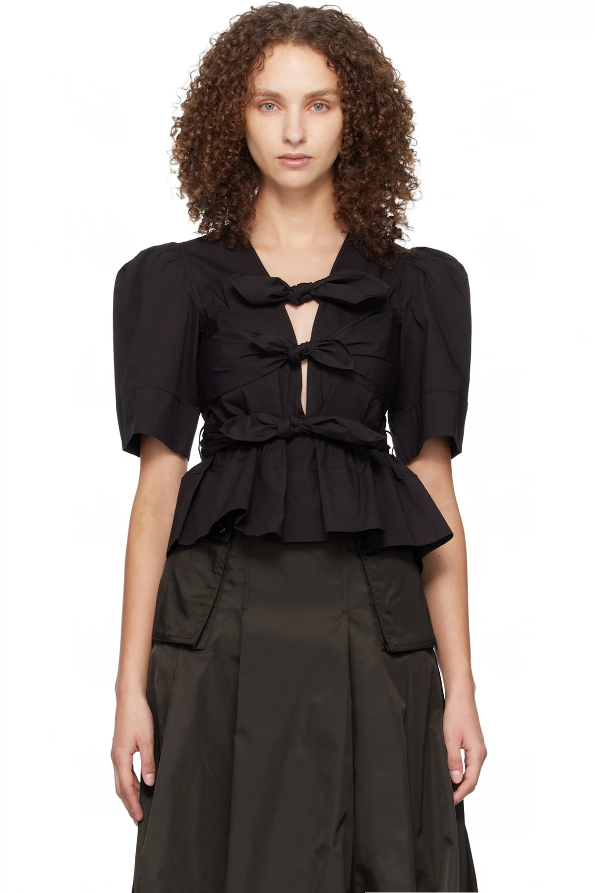 Black Washed Stretch Cotton Tie Strap Blouse