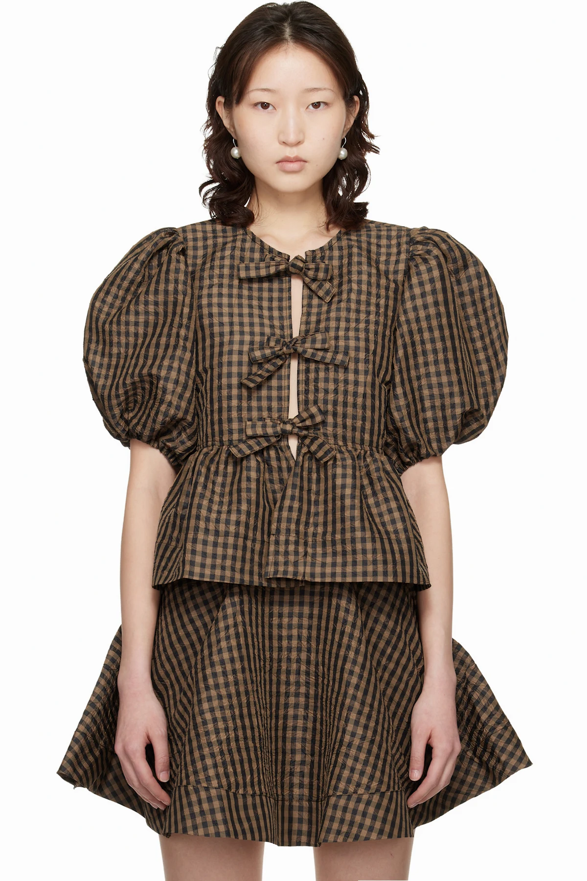 Brown Crinkled Check Blouse