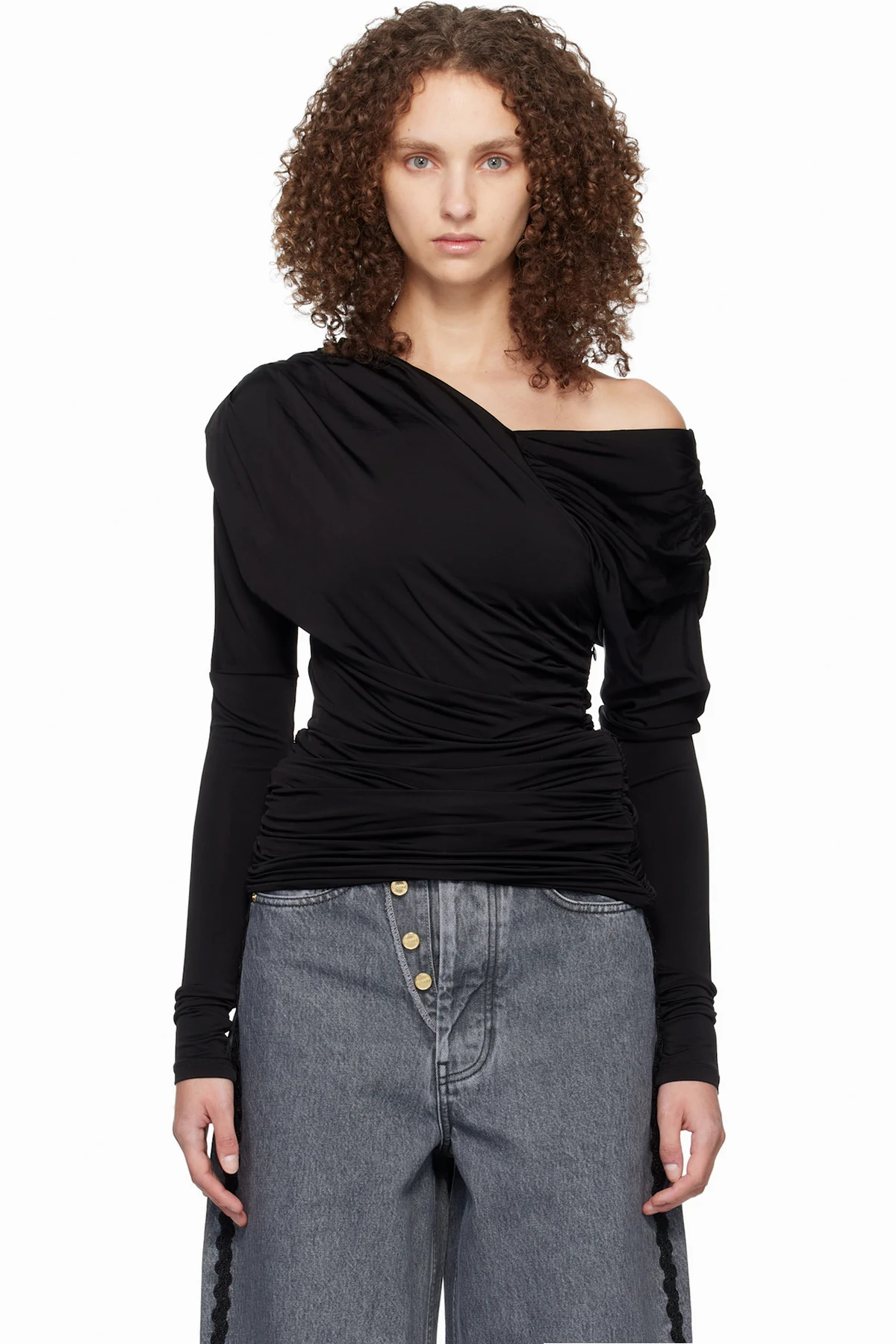 Black Shiny Jersey Ruched Top