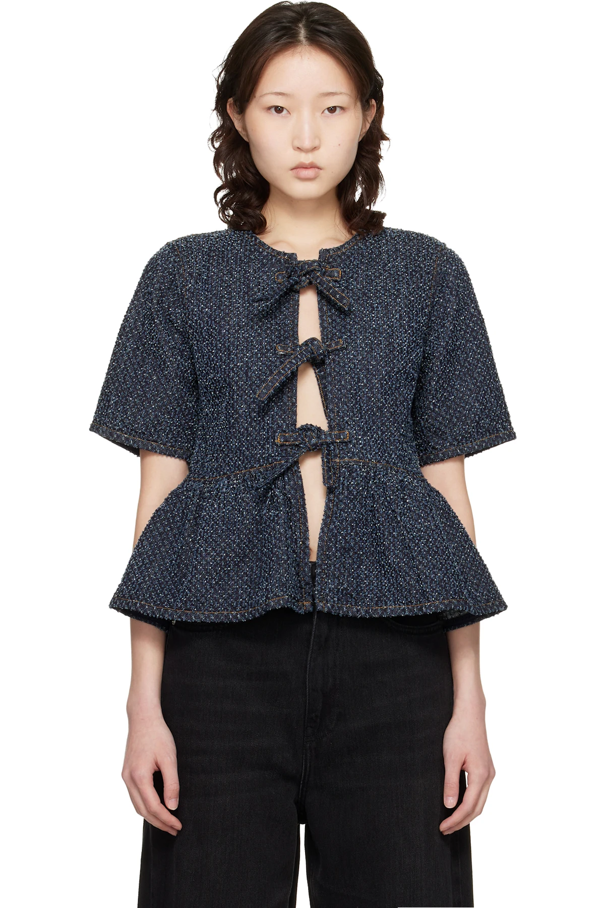 Blue Tweed Denim Peplum Blouse