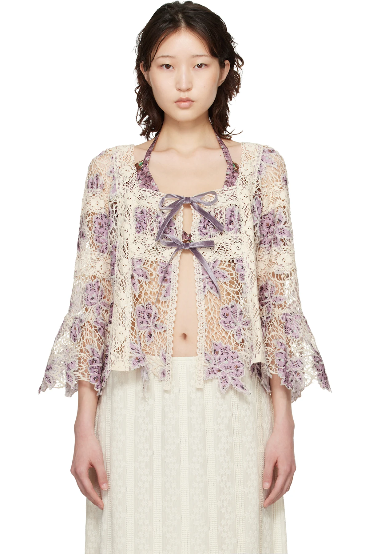Purple & Off-White Medallion Floral Lace Tie Blouse