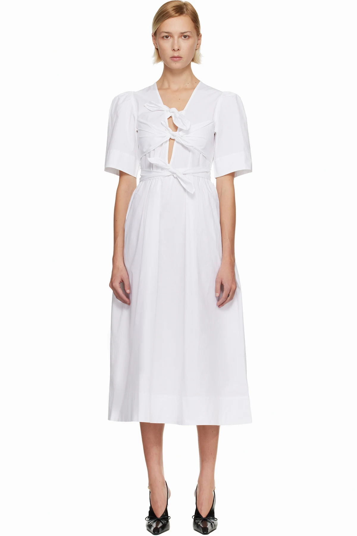 White Washed Stretch Cotton Tie Strap Midi Dress
