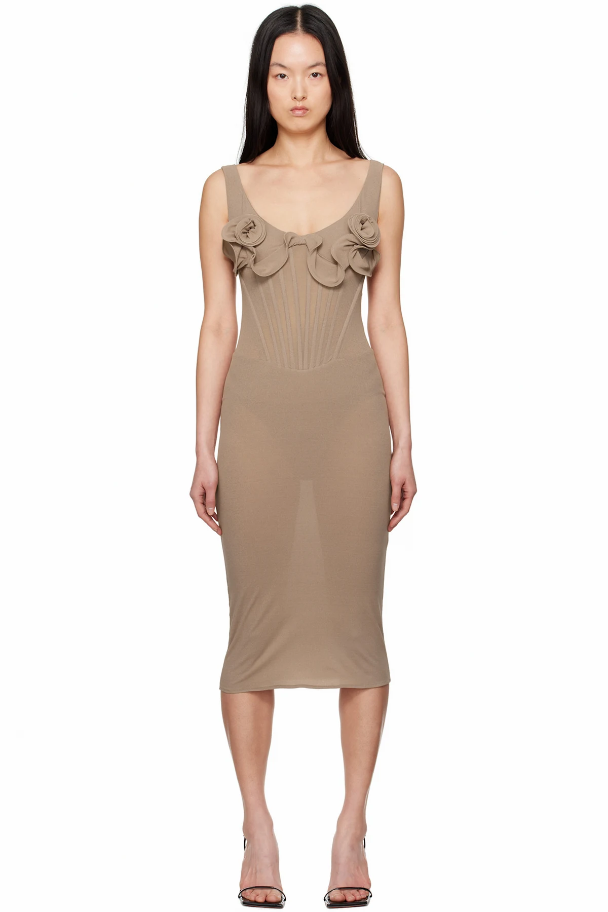 Beige Flower Bustier Midi Dress