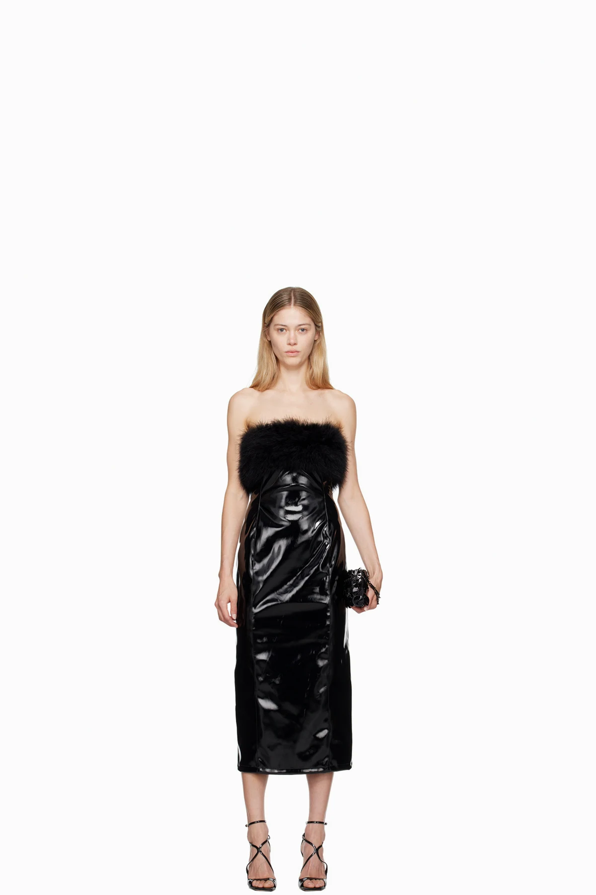Black Marabou Feather Faux-Leather Midi Dress