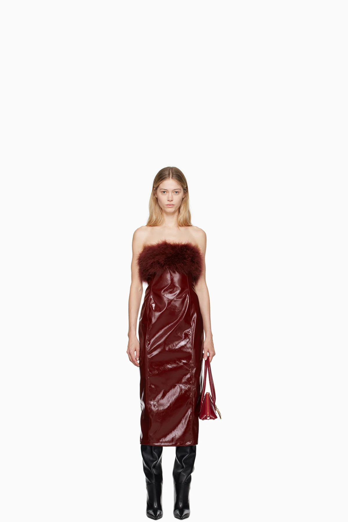Burgundy Marabou Feather Faux-Leather Midi Dress
