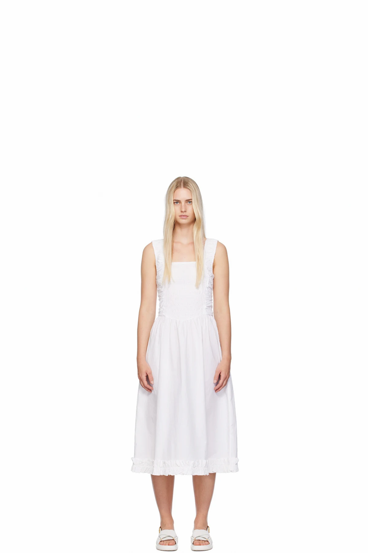 White Shirred Midi Dress