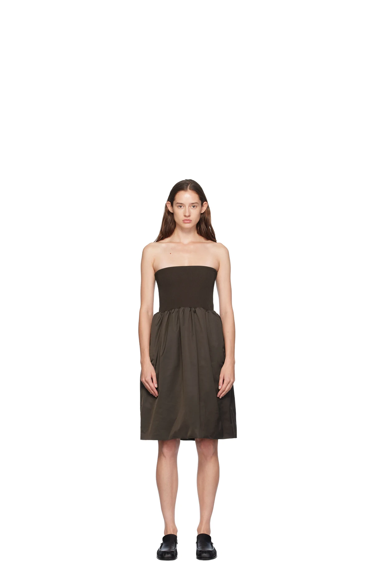 Brown Shirring Flare Midi Skirt