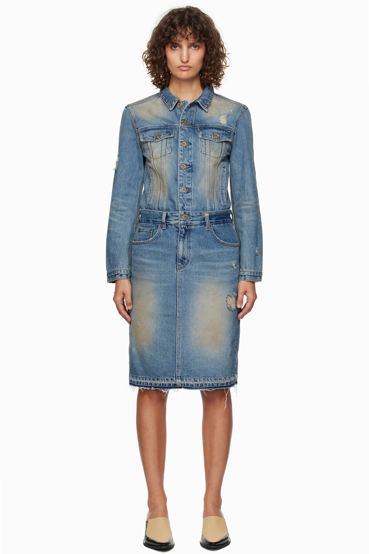 Blue Washed Denim Midi Dress