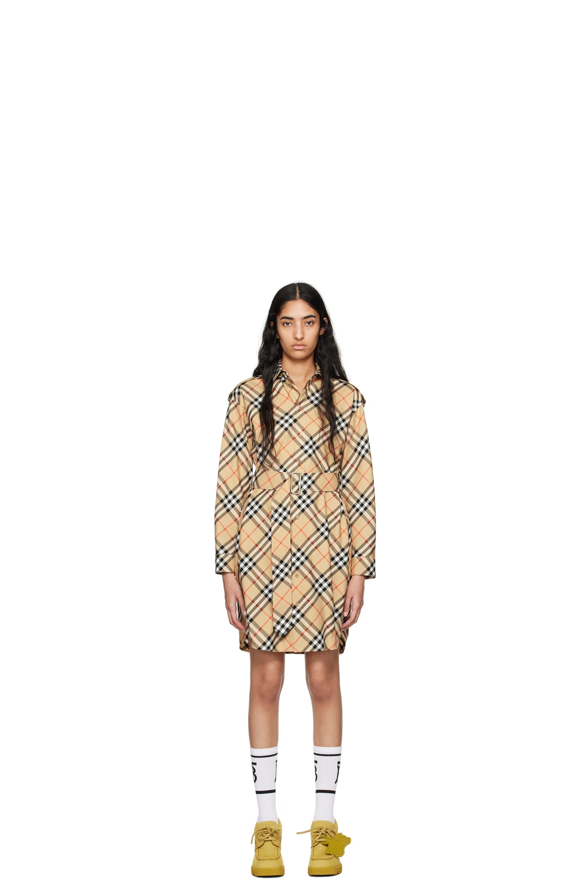 Beige Check Shirt Midi Dress