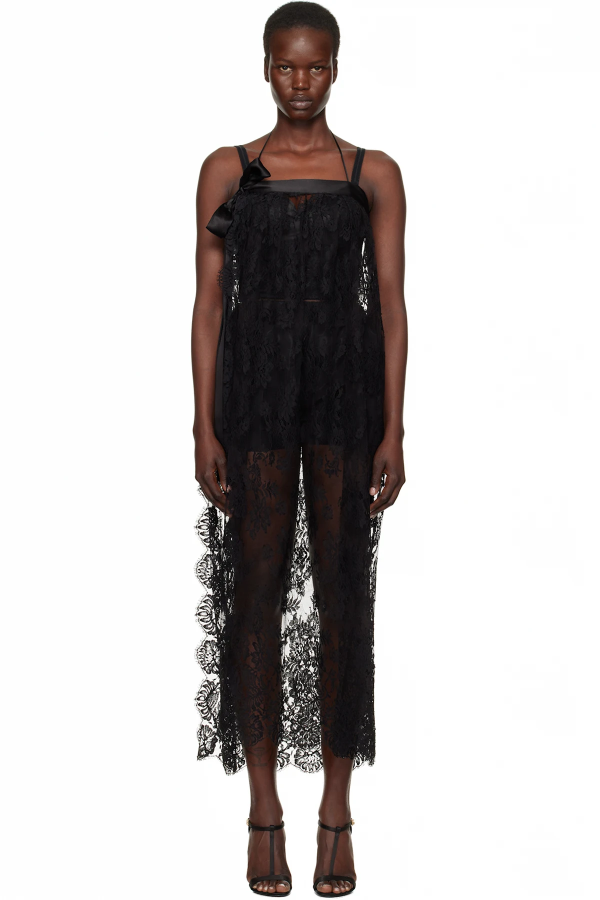 Black Calf-Length Chantilly Lace Midi Dress