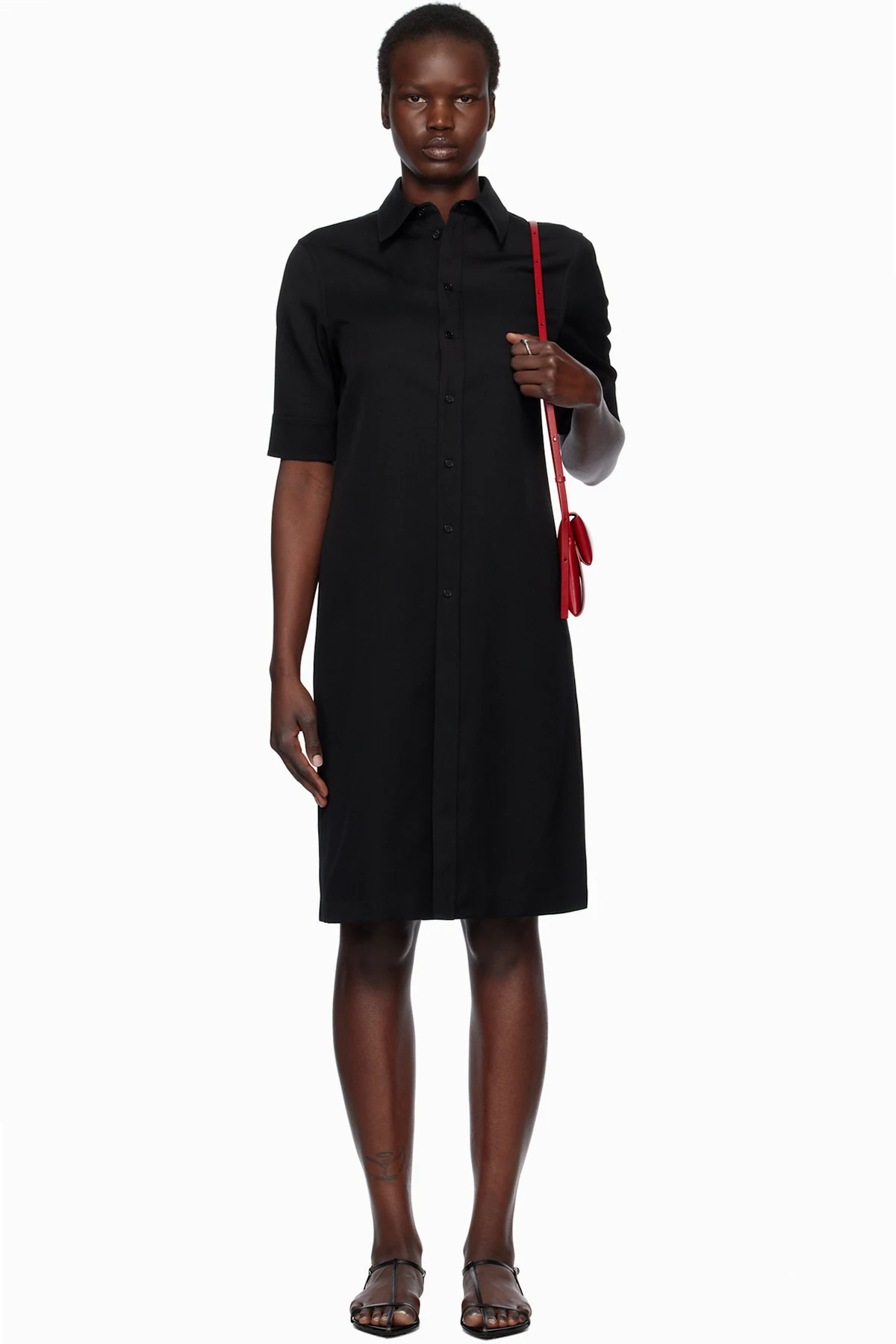 Black Lightweight Wool Gabardine Midi Dress