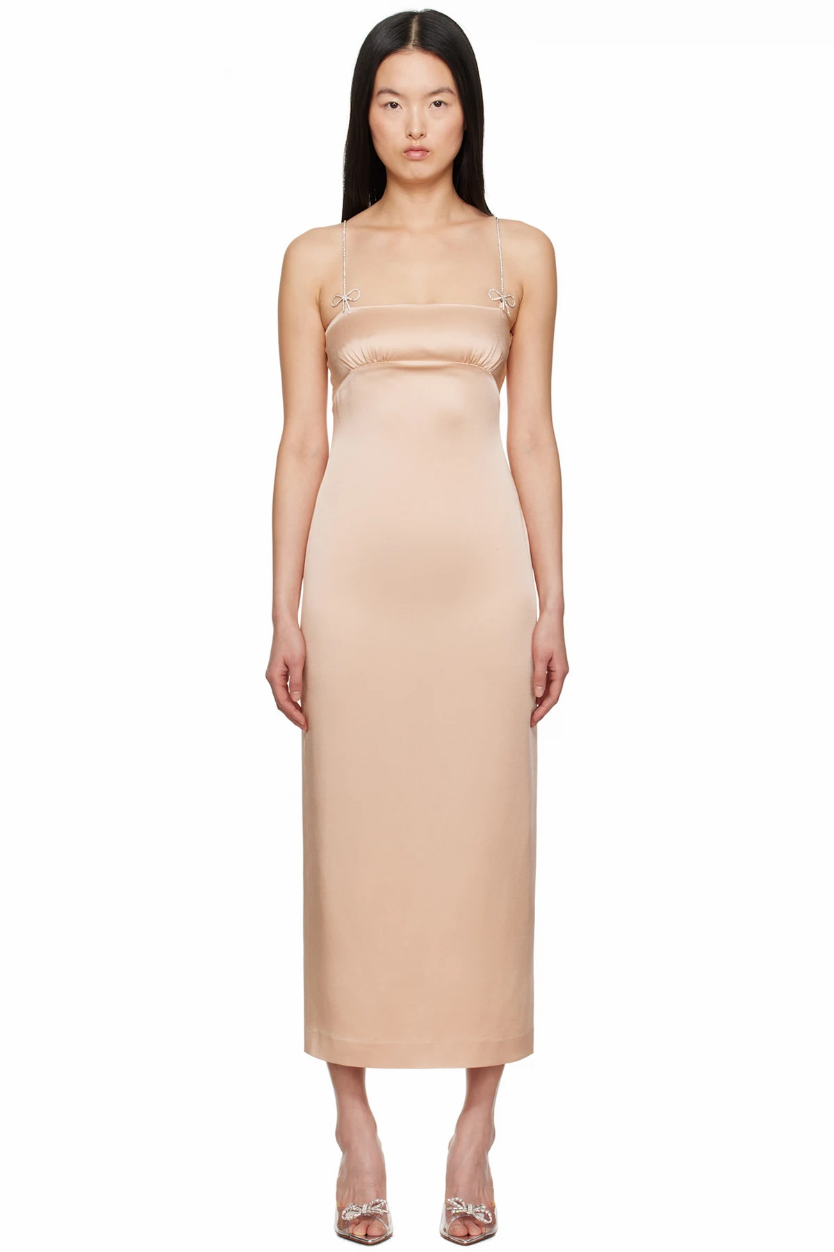 Pink Satin Rhinestone Midi Dress