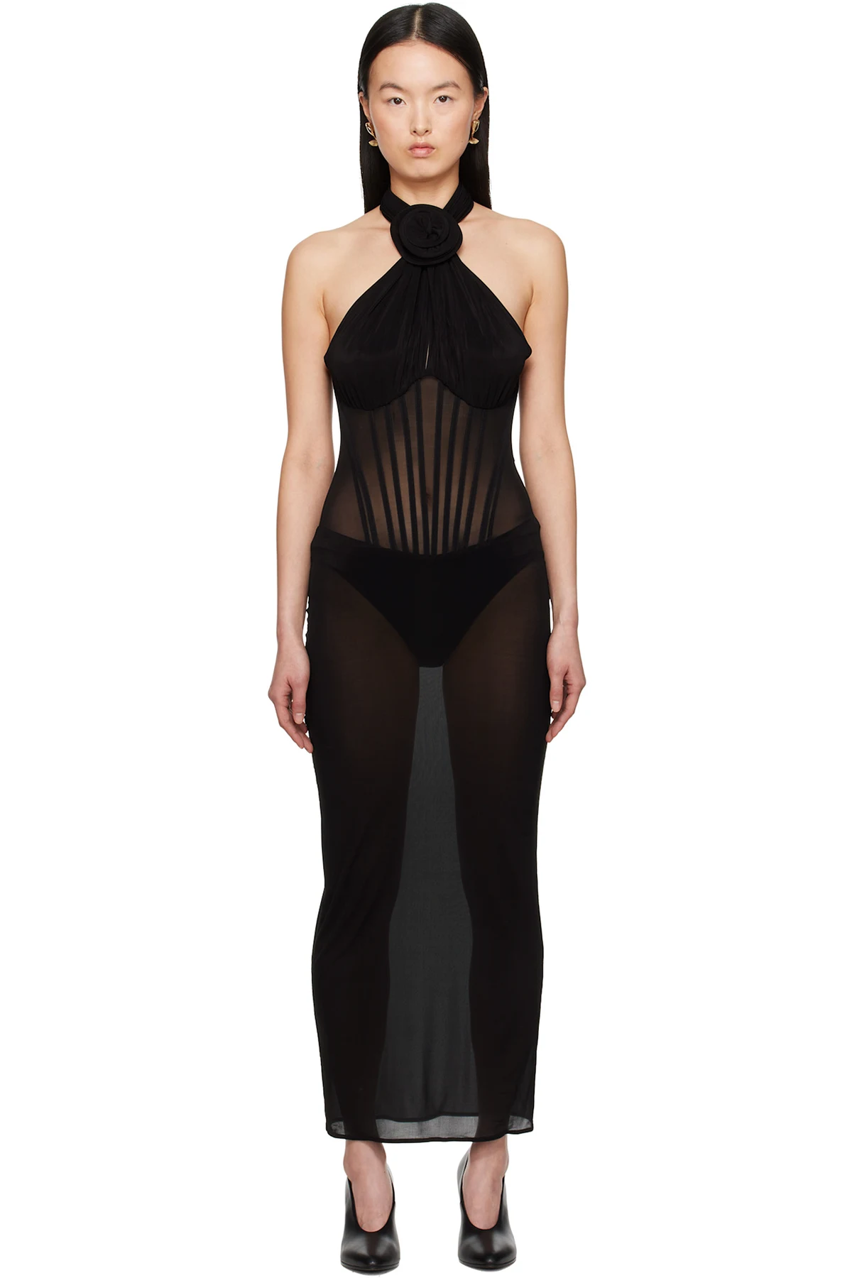 Black Sheer Halter Bustier Midi Dress