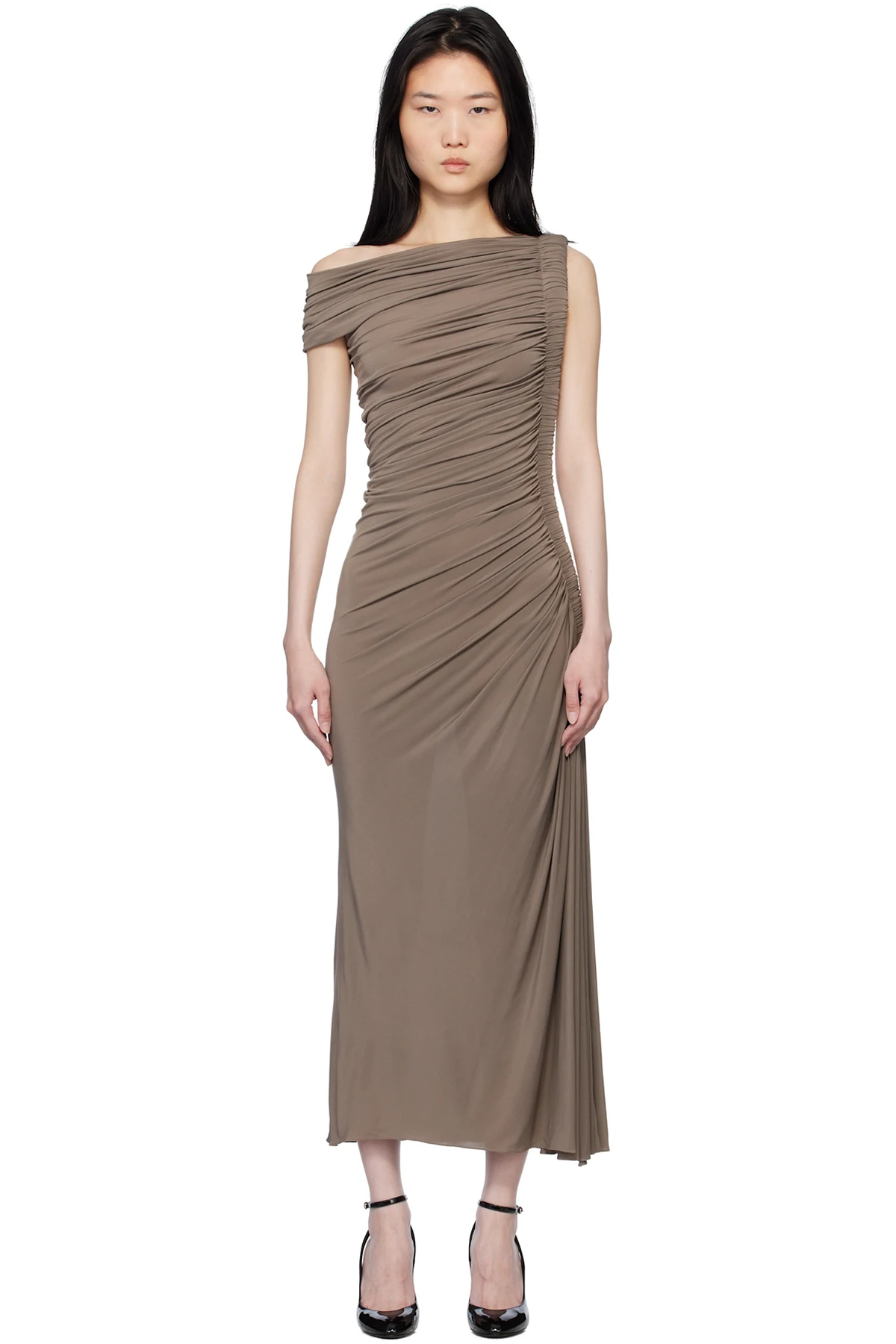 Taupe Asymmetric Pipe Midi Dress