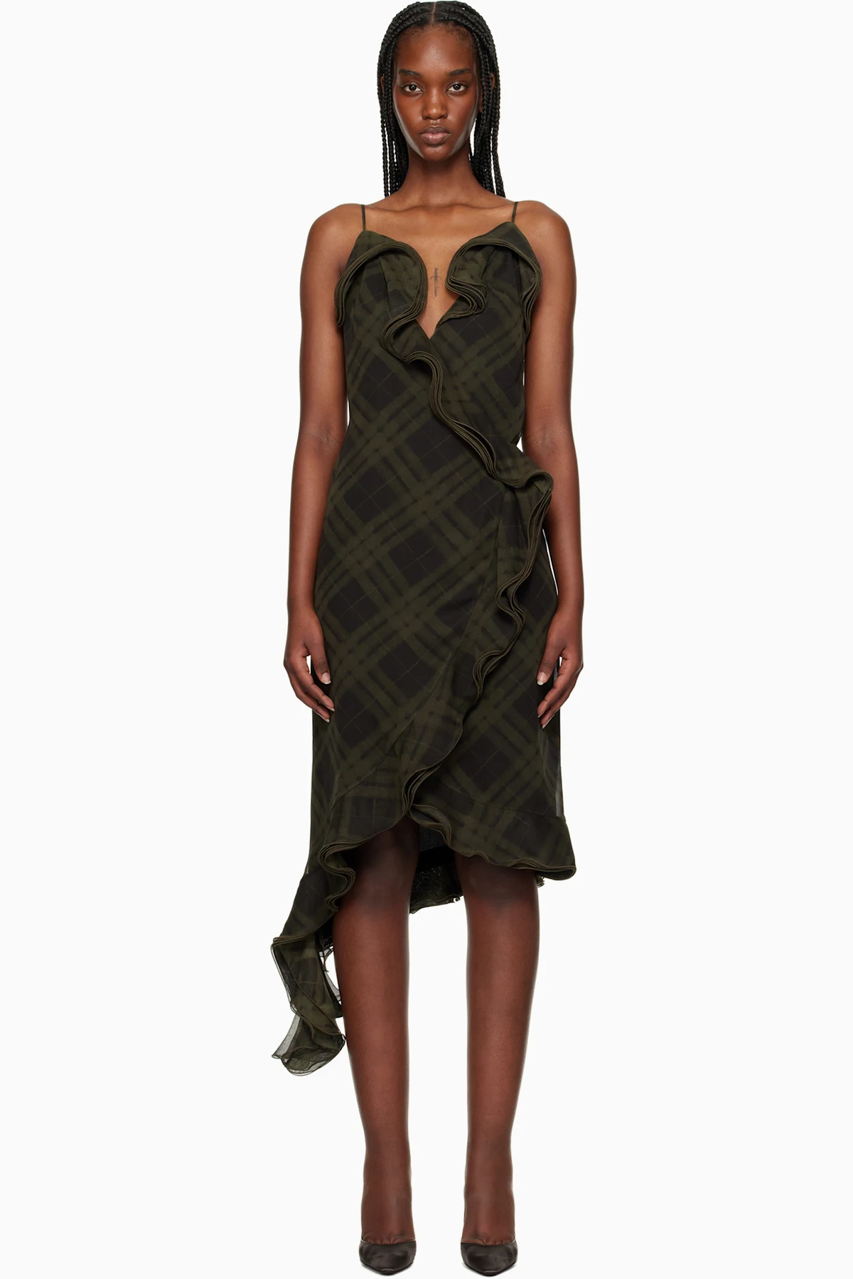 Green Check Silk Wrap Midi Dress