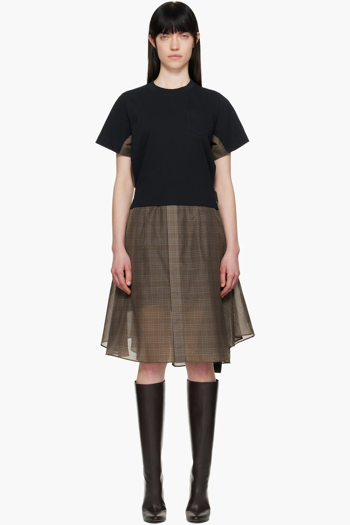 Navy & Brown Spun Organza & Cotton Jersey Midi Dress