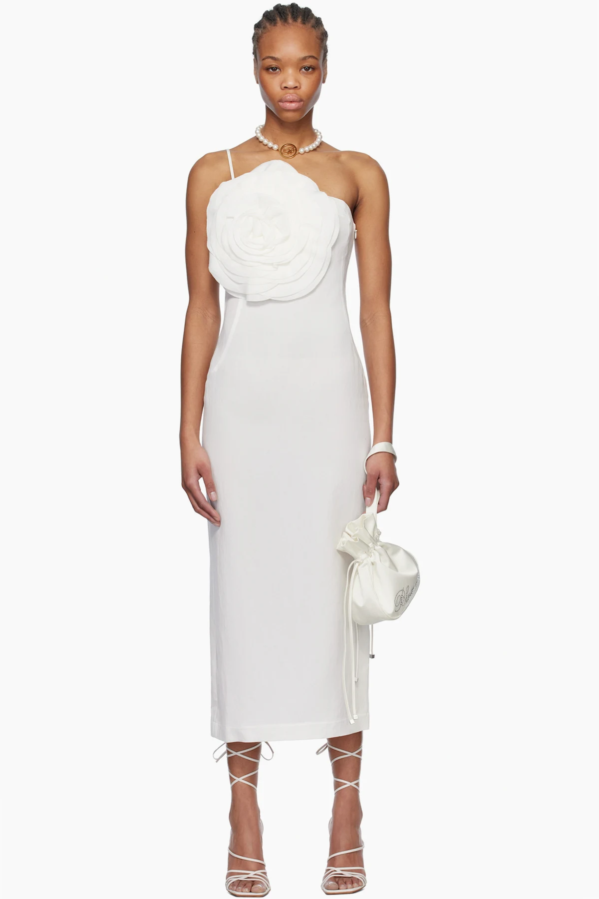 White Sheath Rose Detail Midi Dress