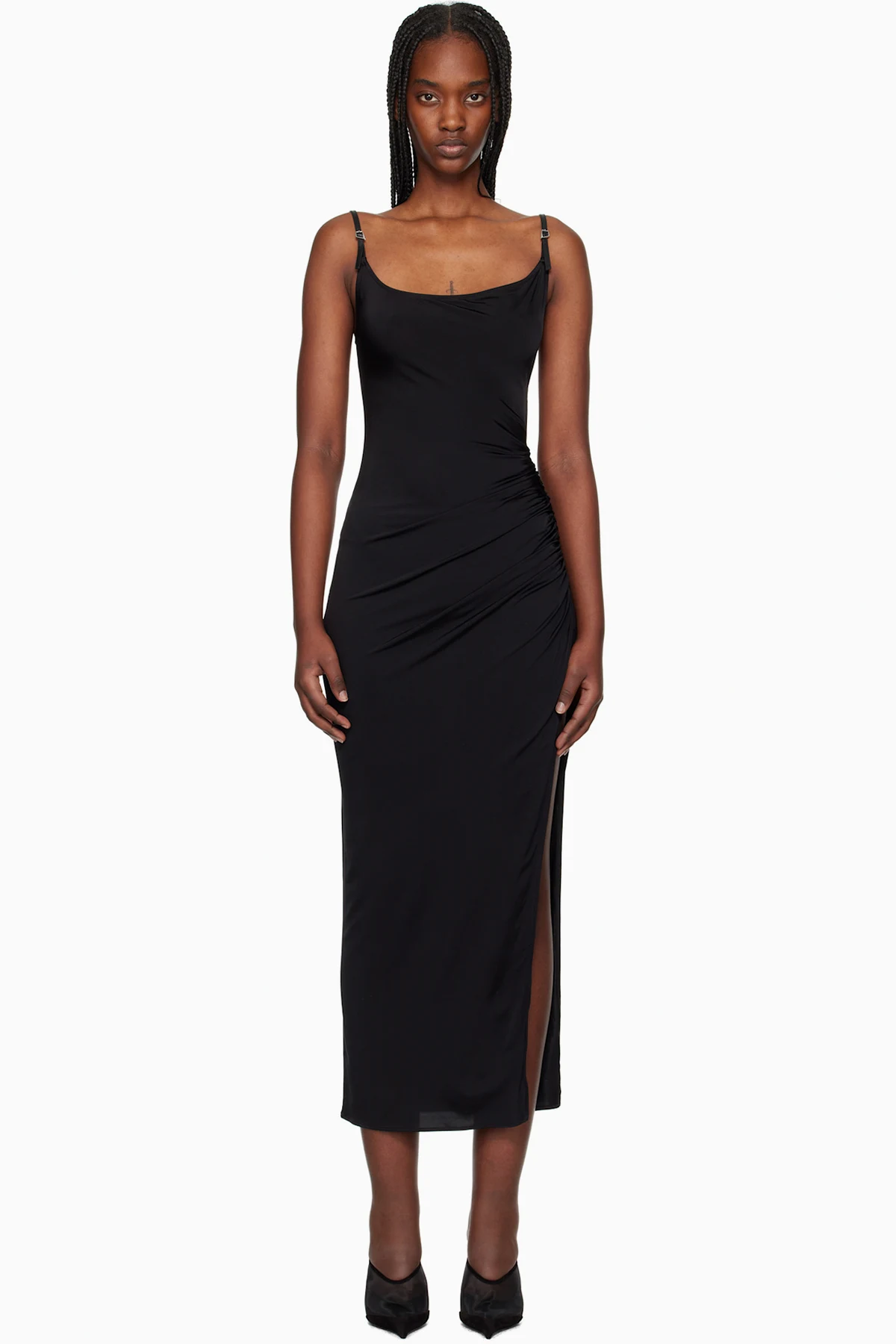 Black Asymetrical Buckled Strap Midi Dress