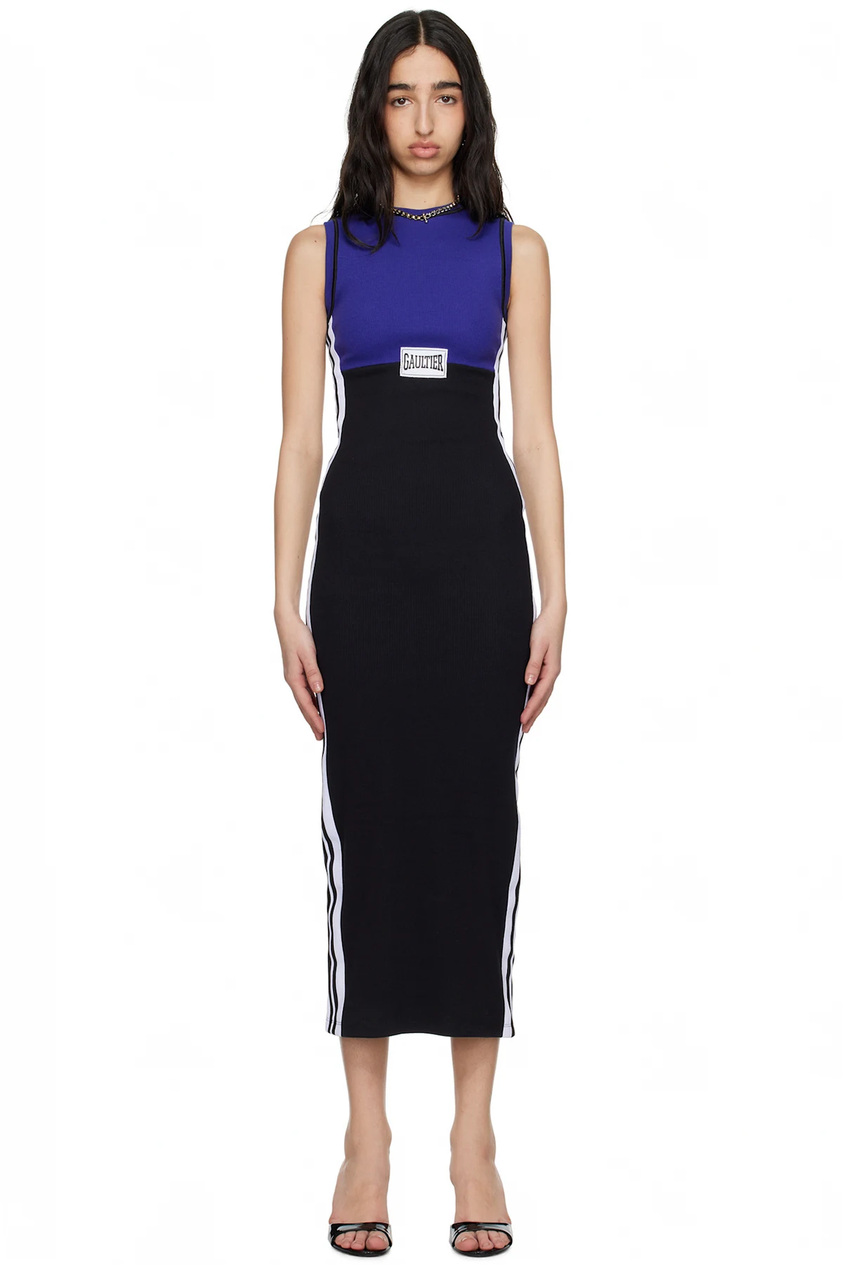 Navy & Black Cotton Ribbed Midi Dress