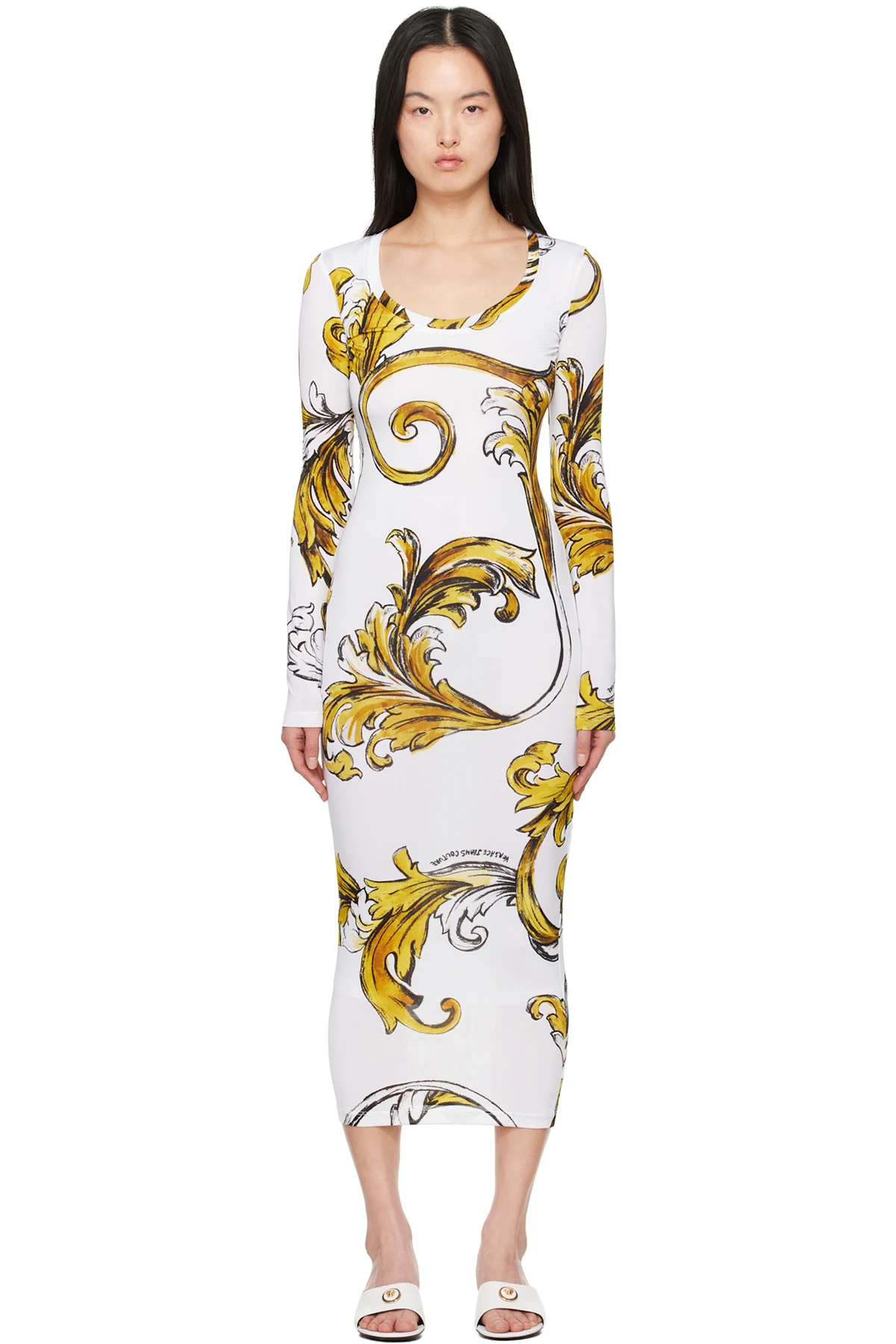 White & Yellow Outline Barocco Midi Dress
