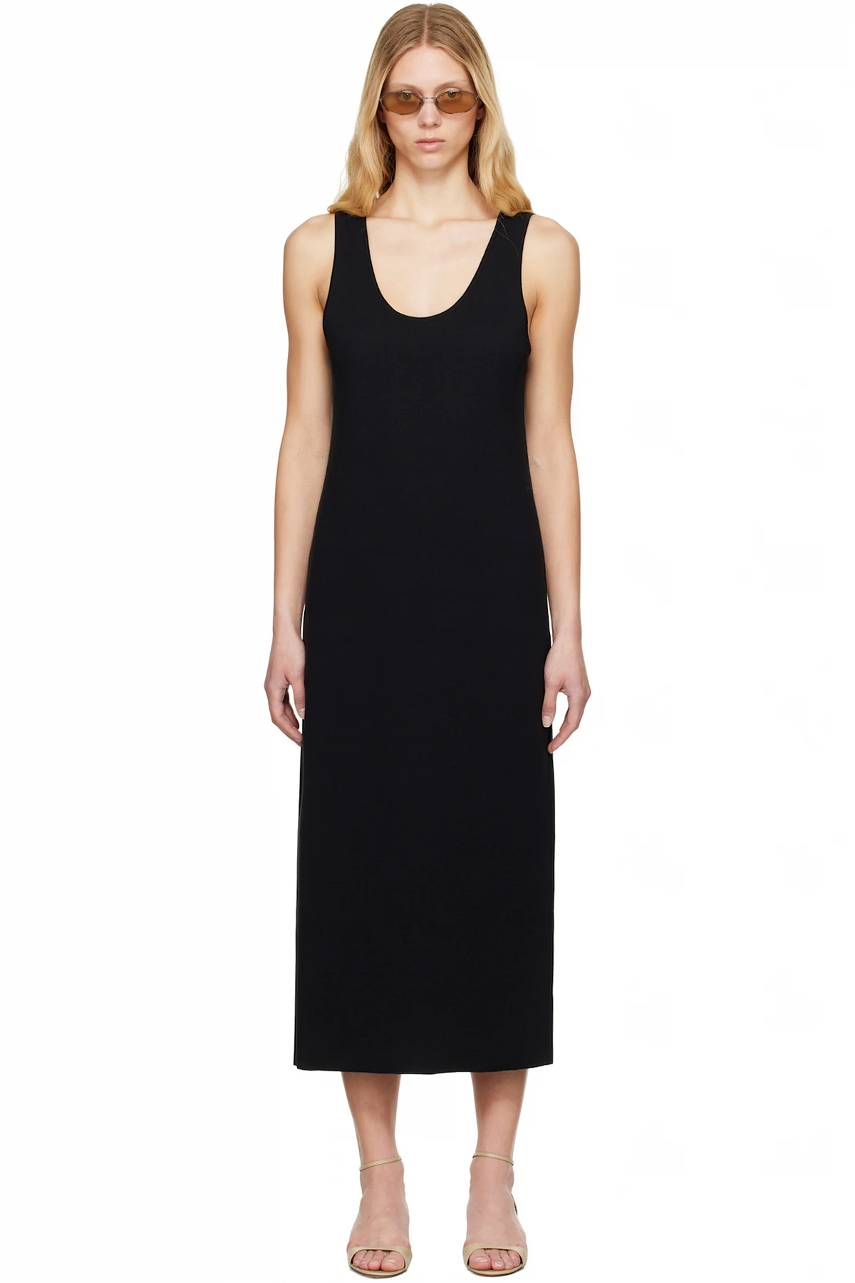 Black Cotton Silk Stretch Knit Midi Dress