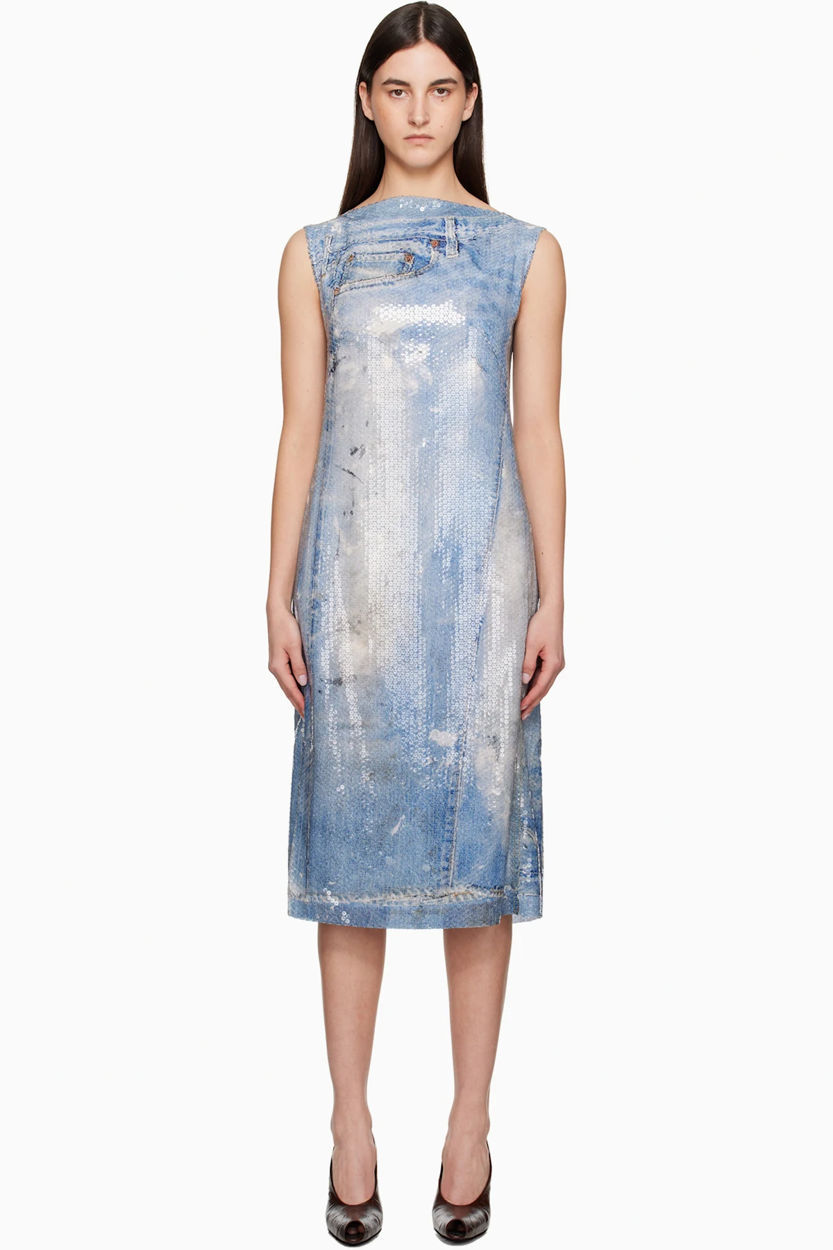 Blue Printed Sequin Midi Dress